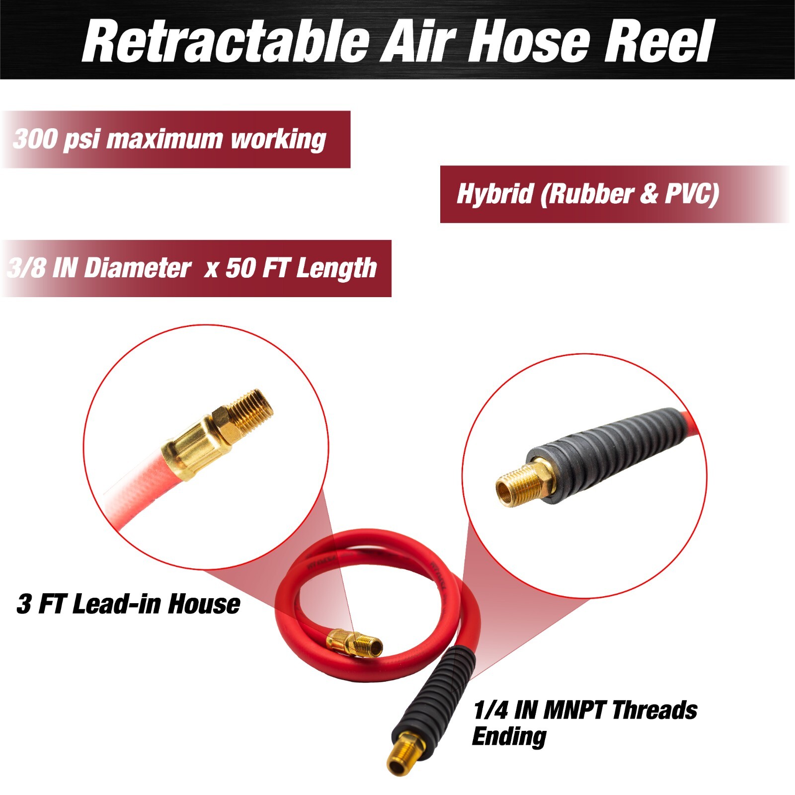 Retractable Air Hose Reel, 3/8 IN x 50 FT Hybrid Air Hose Max 300PSI