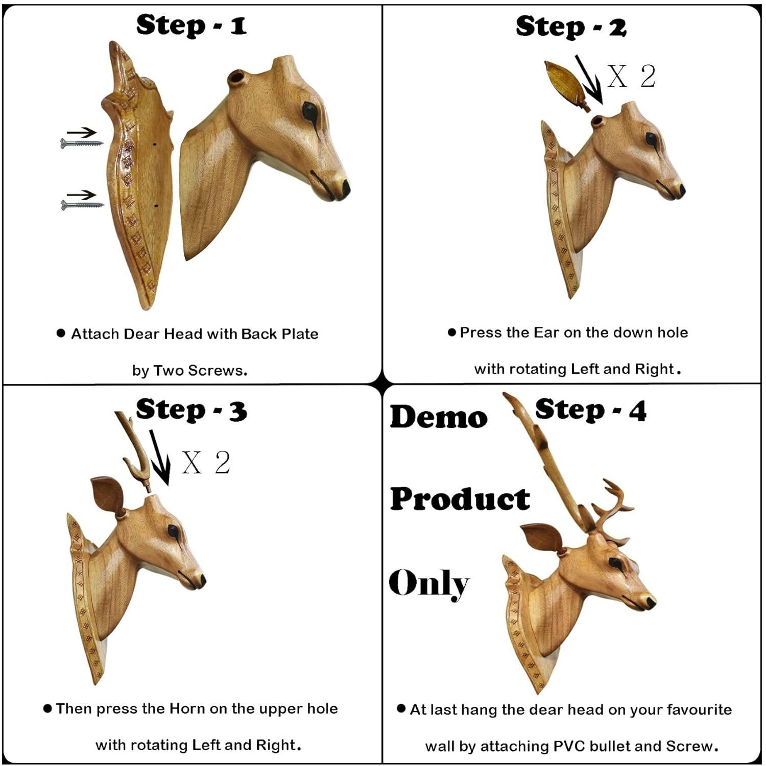 Handcrafted Wood Deer Head with Horn Sculpture Figurine Showpiece Wall Decor