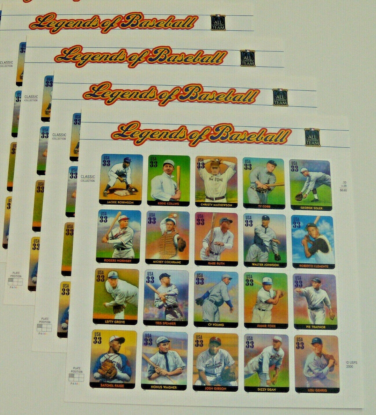 Four Sheets x 20 = 80 of LEGENDS OF BASEBALL 33¢ US Postage Stamps USA Sc # 3408