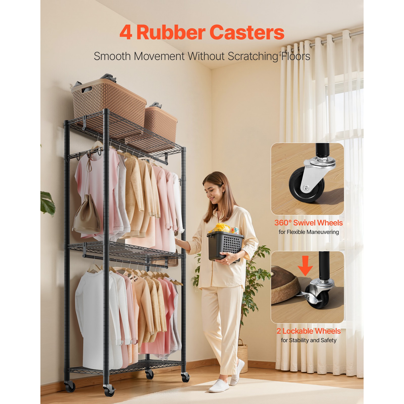 Uimoso Adjustable 3-Tier Rolling Garment Rack for Clothing Storage, Black