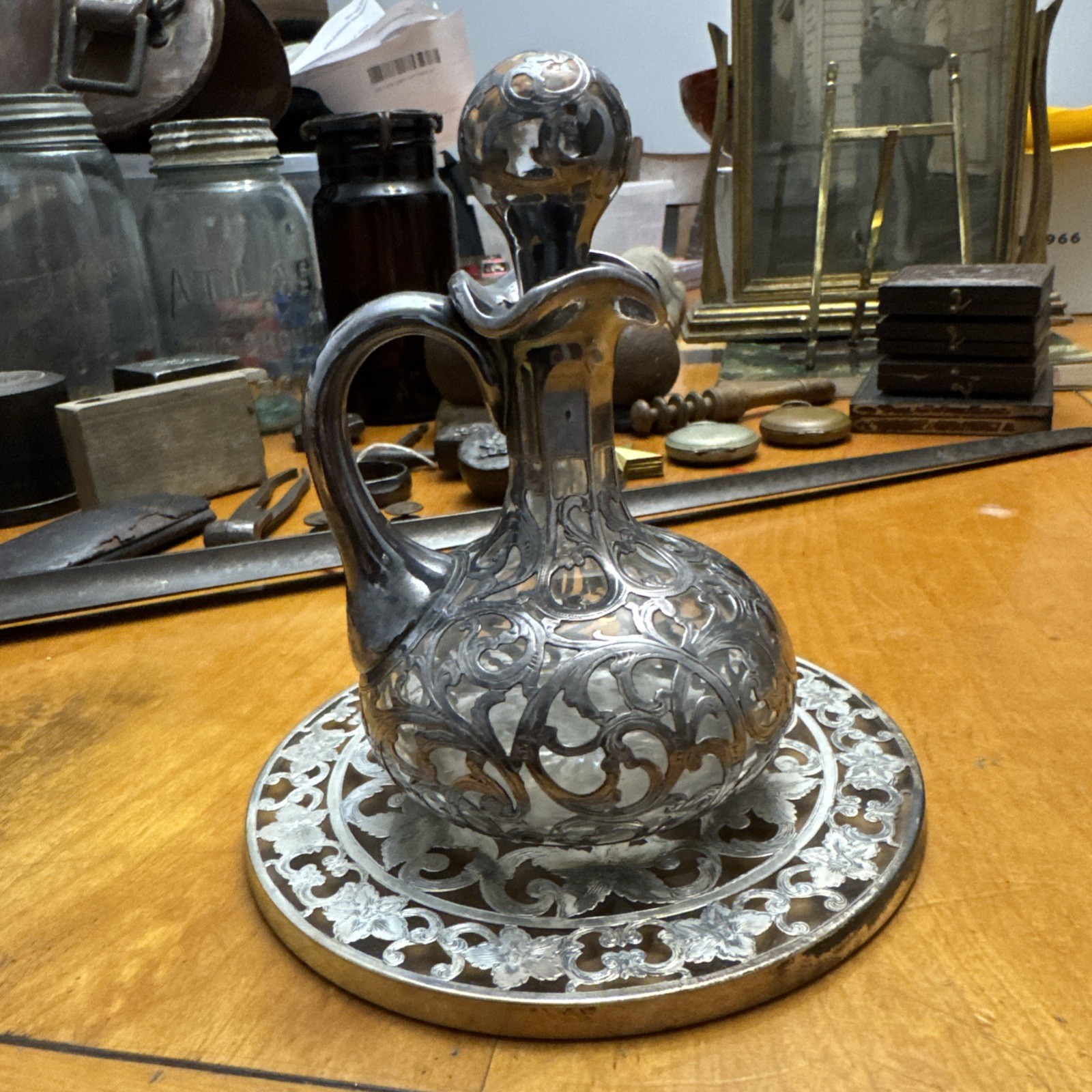 Antique Silver 999 100g Overlay Crystal Decanter /Webster Sterling Tray Unique!