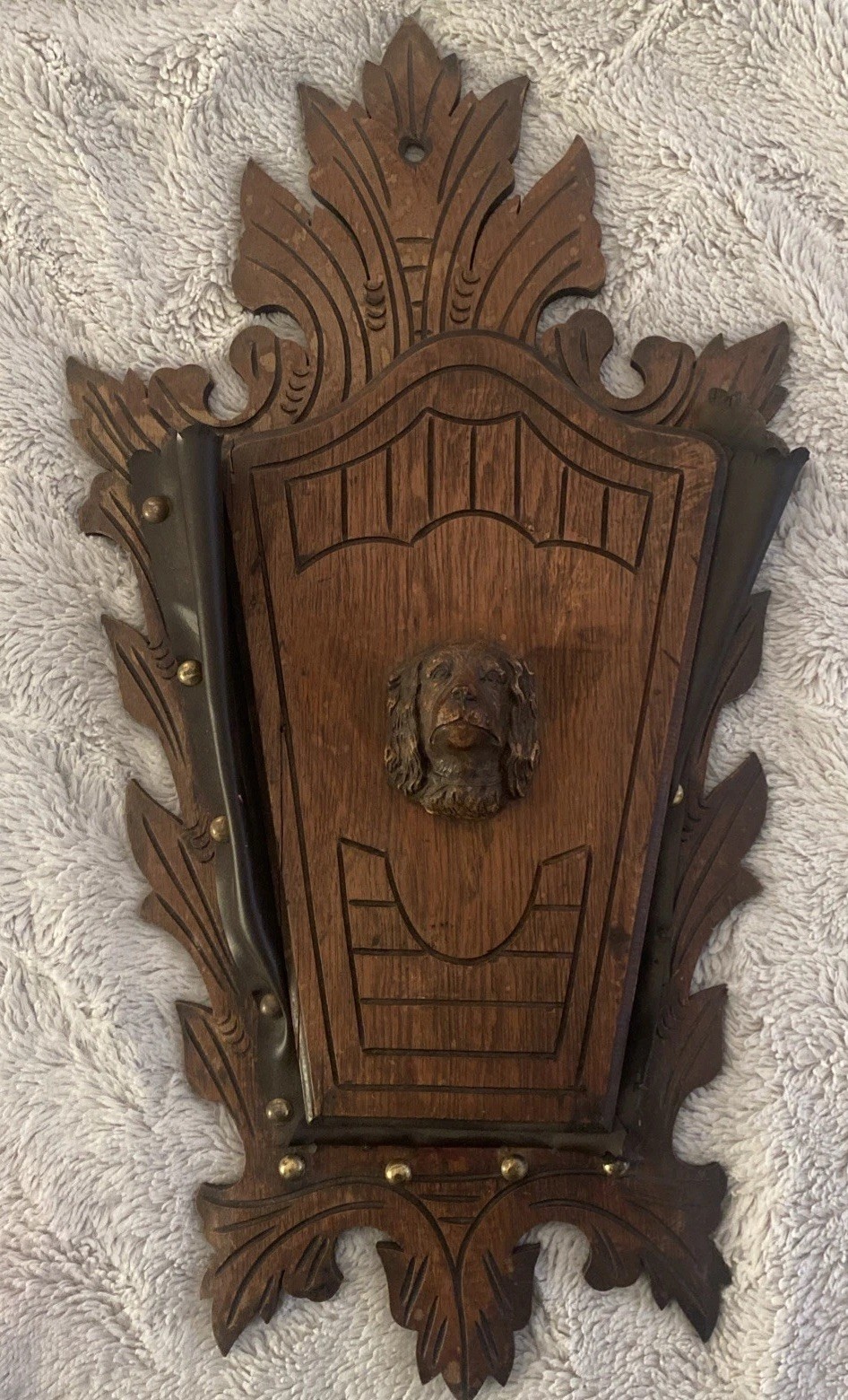 Antique Victorian Walnut Wall pocket Magazine Newspaper Rack Holder Spaniel Dog