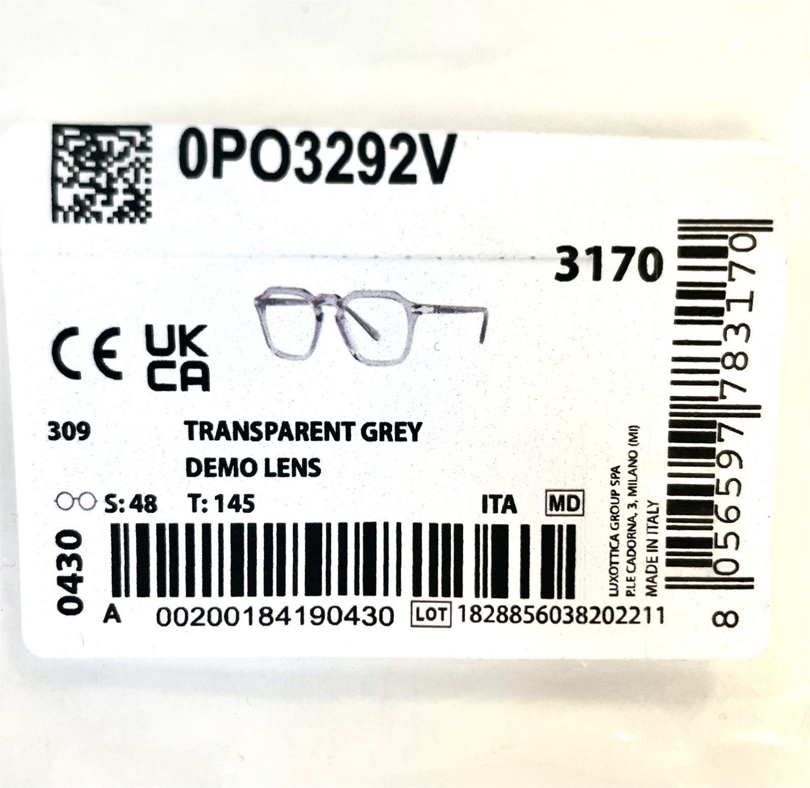 Persol Eyeglasses Unisex Glasses 3292-V 309 Transparent Gray 48-21-145 No Case