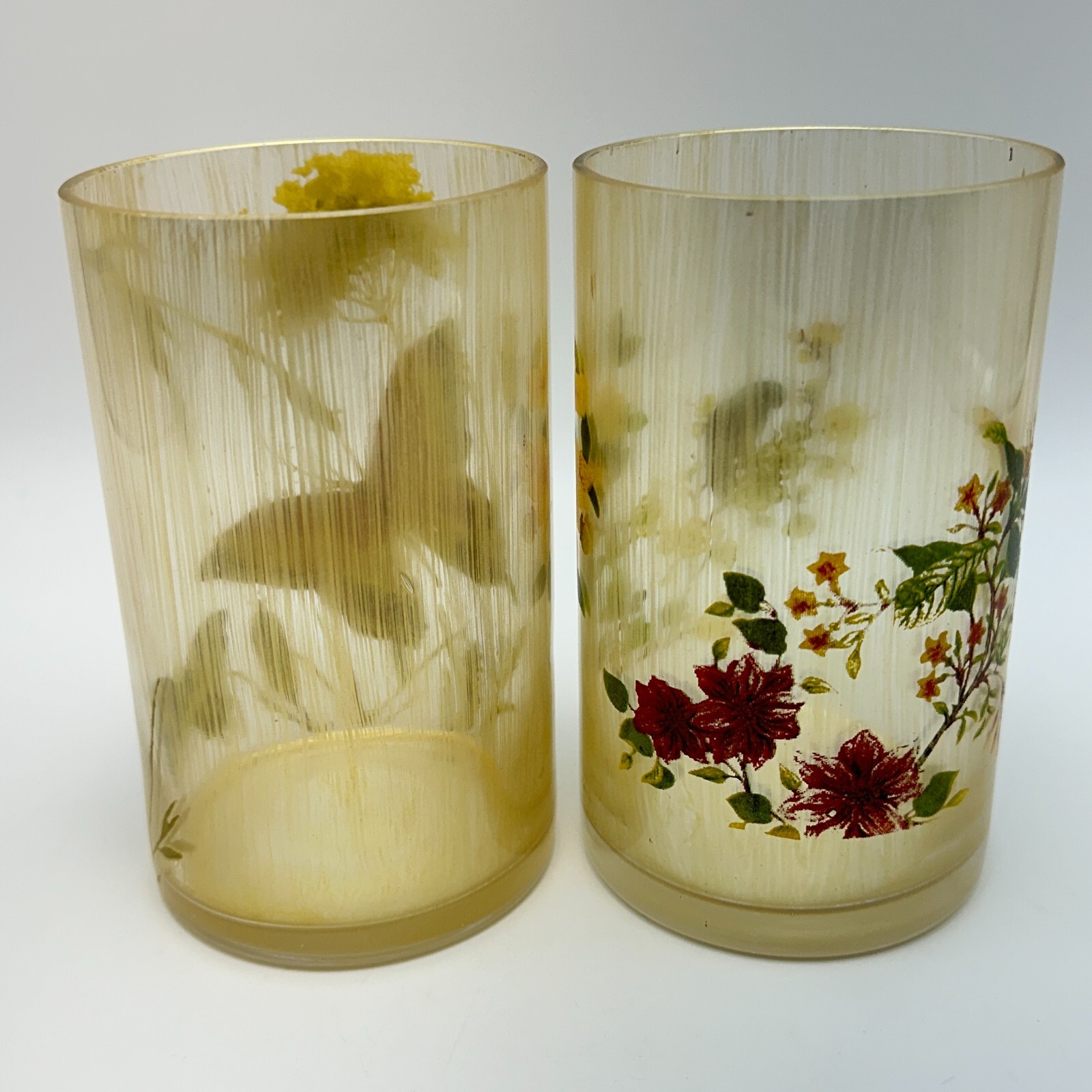 MCM Drinking Glasses Set Butterfly Floral Art Painted 6in Tall Vintage Decor