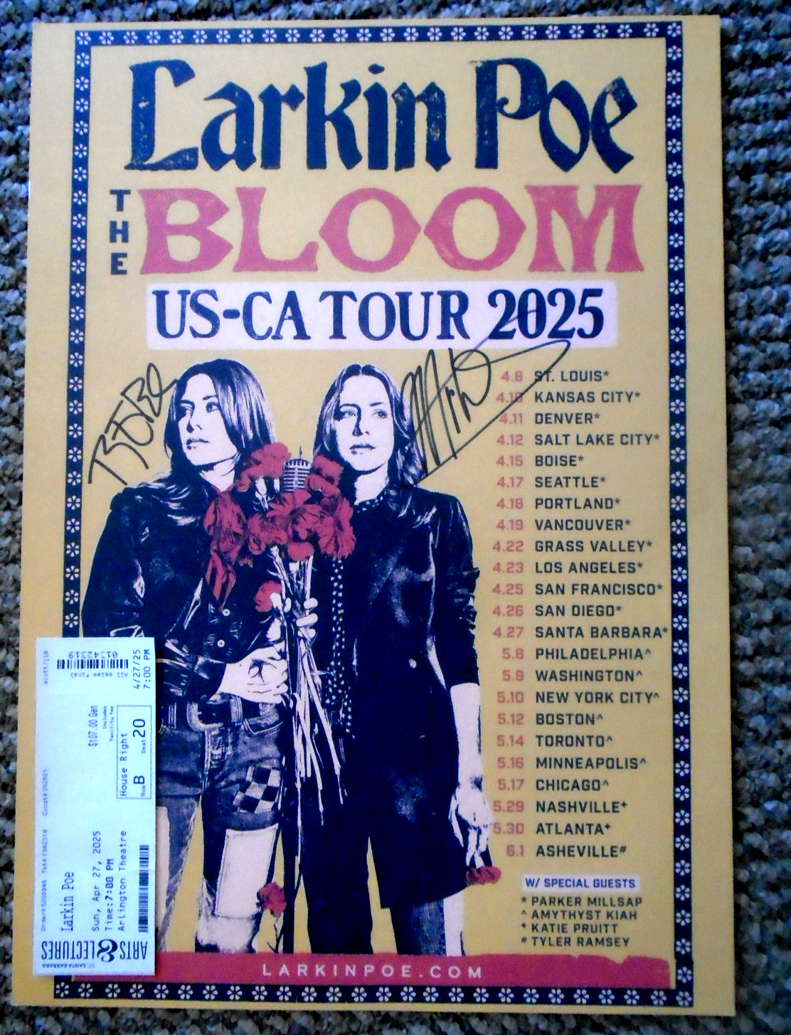ORIGINAL CONCERT POSTER & TICKET_LARKIN POE_US-CA TOUR_SIGNED BY 2_SANTA BARBARA