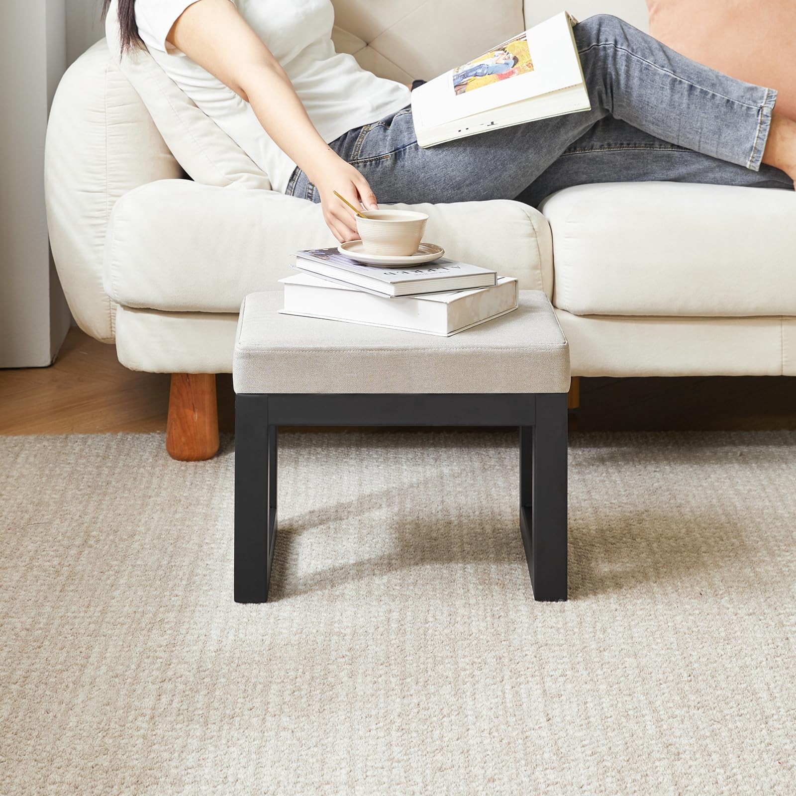 16 Inch Small Foot Stool Ottoman, Rectangle Linen Foot Rest with Padded Seat ...