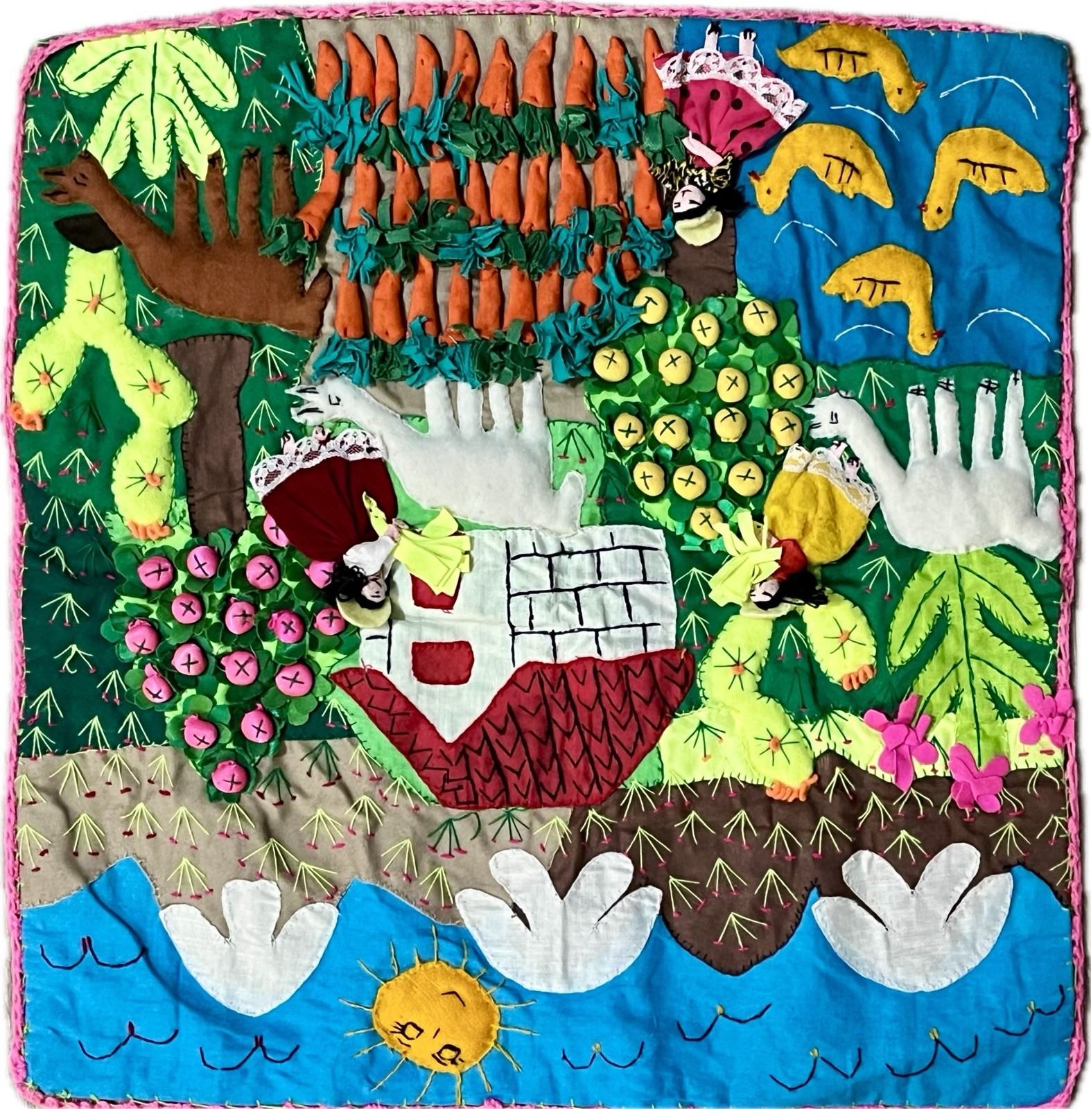 Handmade Peruvian Textile Art Farm Scene Wall Hanging 3D Pink Red Pillow Cover