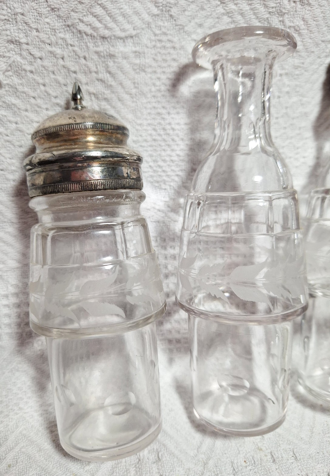 Antique Cruet Set Silver Plate Victorian 5 Etched Bottles Eastlake Design GS