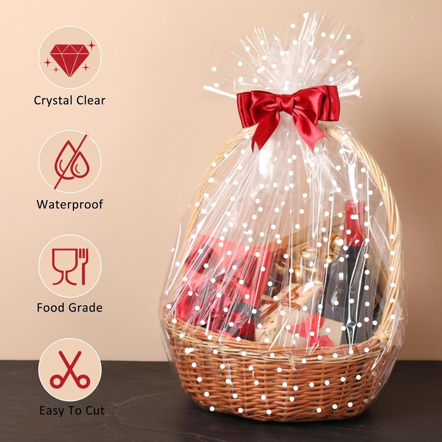 Clear Cellophane Wrap Roll 34 x 100 Ft with White Dots, Waterproof Gift Wrapping