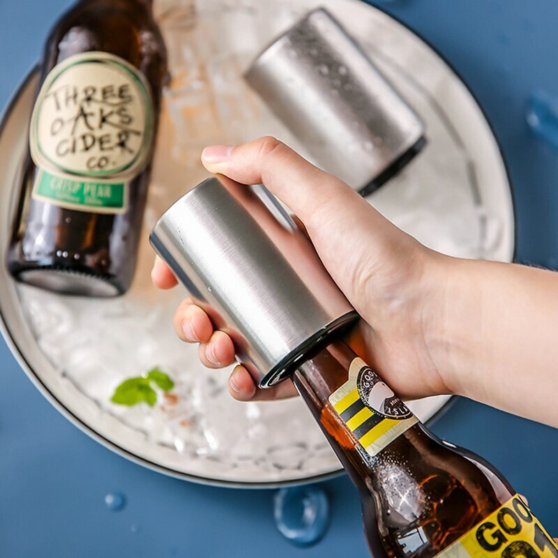 Magnet Automatic Beer Bottle Opener Push Down Soda Cap Collector Stainless Steel
