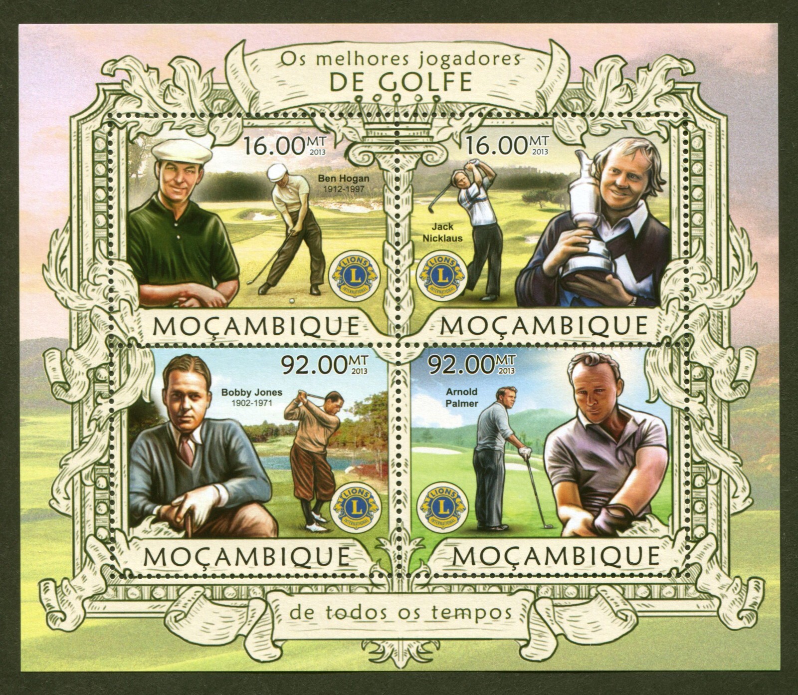 Mozambique Scott# 2769, Golf - Famous Golfers, 2014 Sheet of 4, VF MNH, SCV: $15