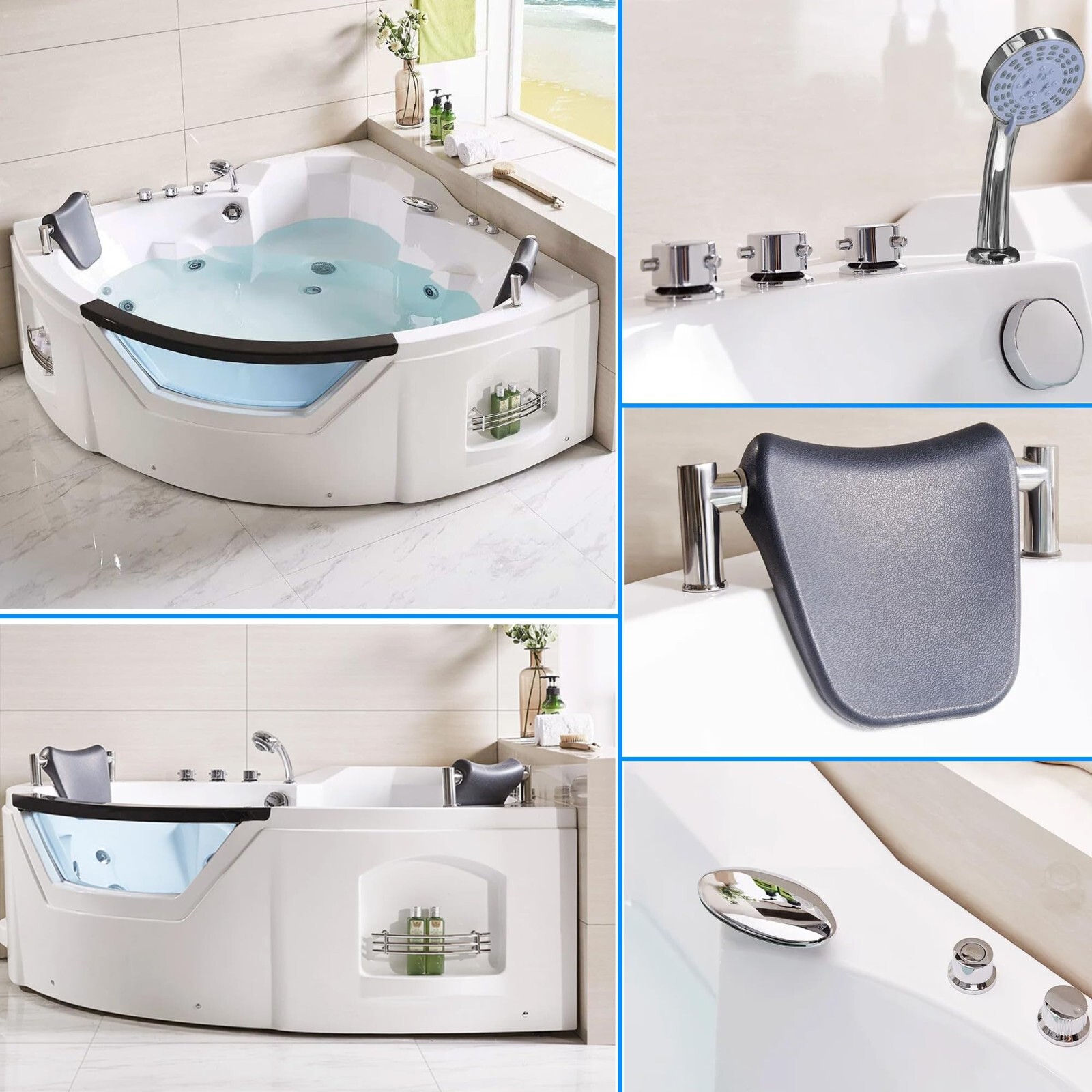 Corner Bathtub 61" Acrylic with Light, Heater, Freestanding Soaking Spa Jetted