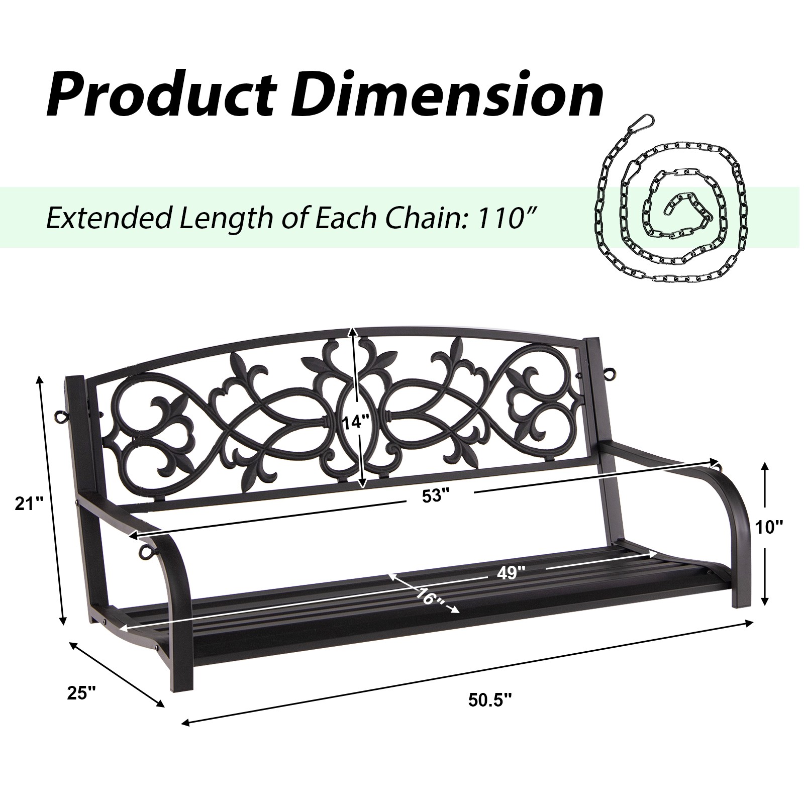 2-Person Metal Outdoor Porch Swing Hanging Patio Bench 485 Lbs Capacity Brown