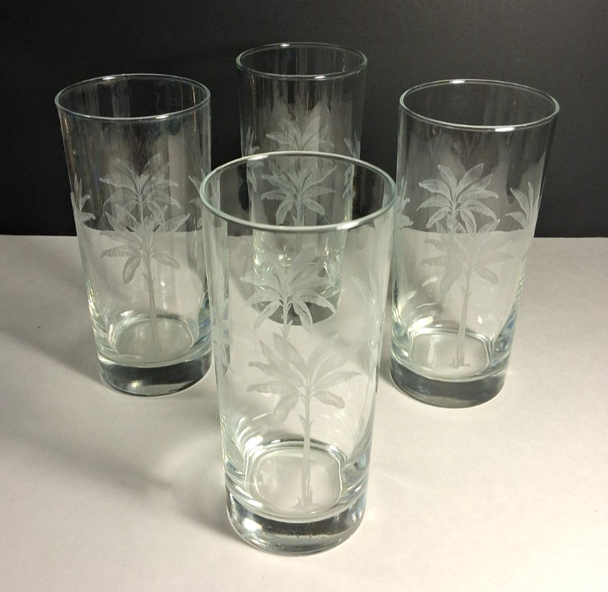 Tropical Beach Theme Glasses Set of 4 Palm Trees Retro 6-1/4" Tall 2 3/4" Dia.