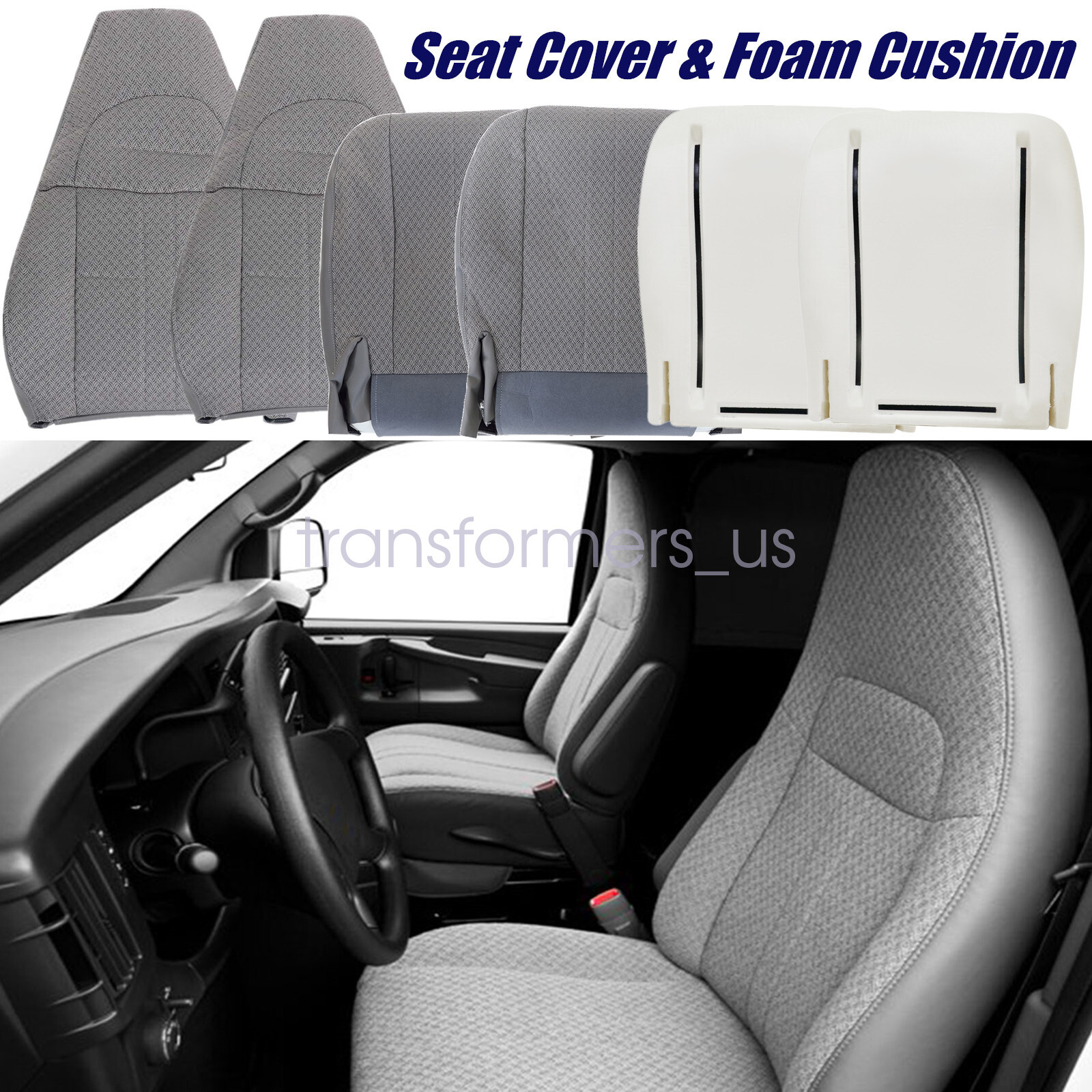 For 2003-2014 Chevy Express Driver & Passenger Cloth Seat Cover & Foam Cushion