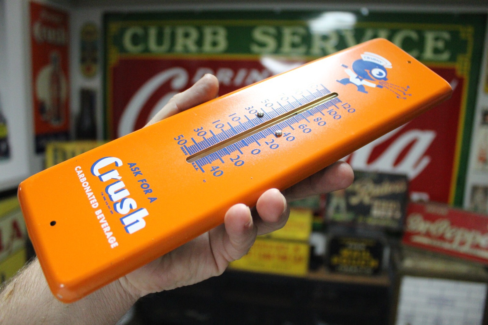 SCARCE 1950s ORANGE CRUSH SODA POP PAINTED METAL THERMOMETER SIGN PEPSI COKE RC