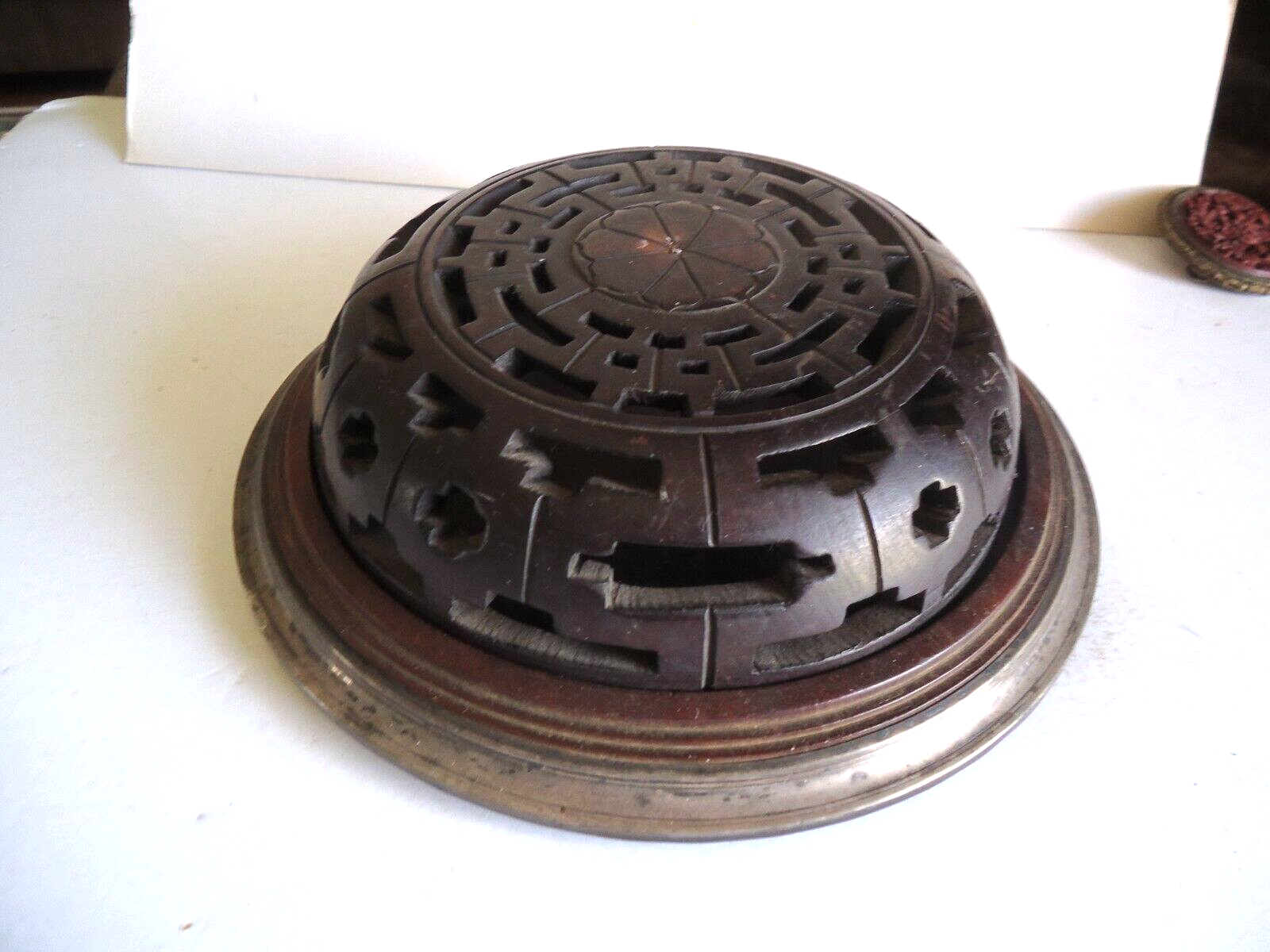 Antique Chinese or Japanese 2 pc Wood & Silver Incense Burner Censer 1800s