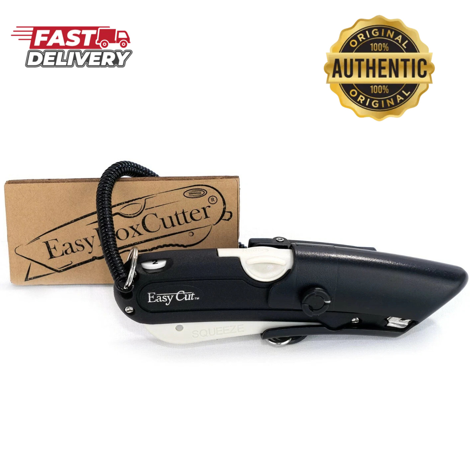 Easy Cut Genuine 1000 White Safety Box Cutter Knife, 3-Depth Blade & Holster