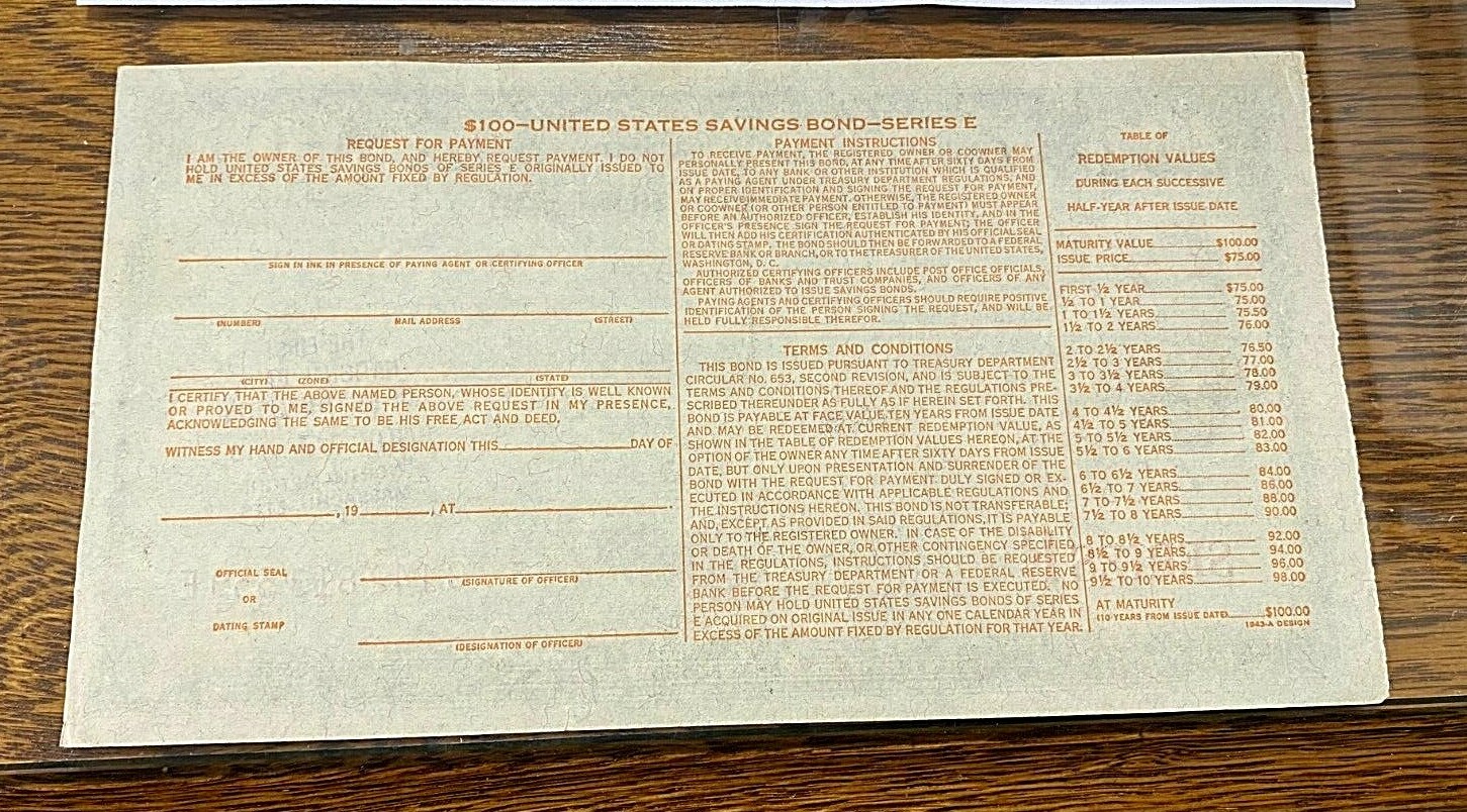 1948 Uncashed $100 US Savings Bond Series E AU/Unc. CHN