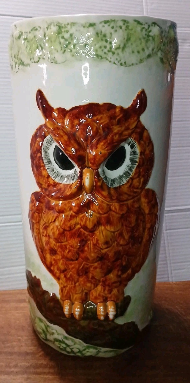 VTG Brown Owl Reversible Barn Scene Umbrella Stand Cane Stick Holder 70s READ