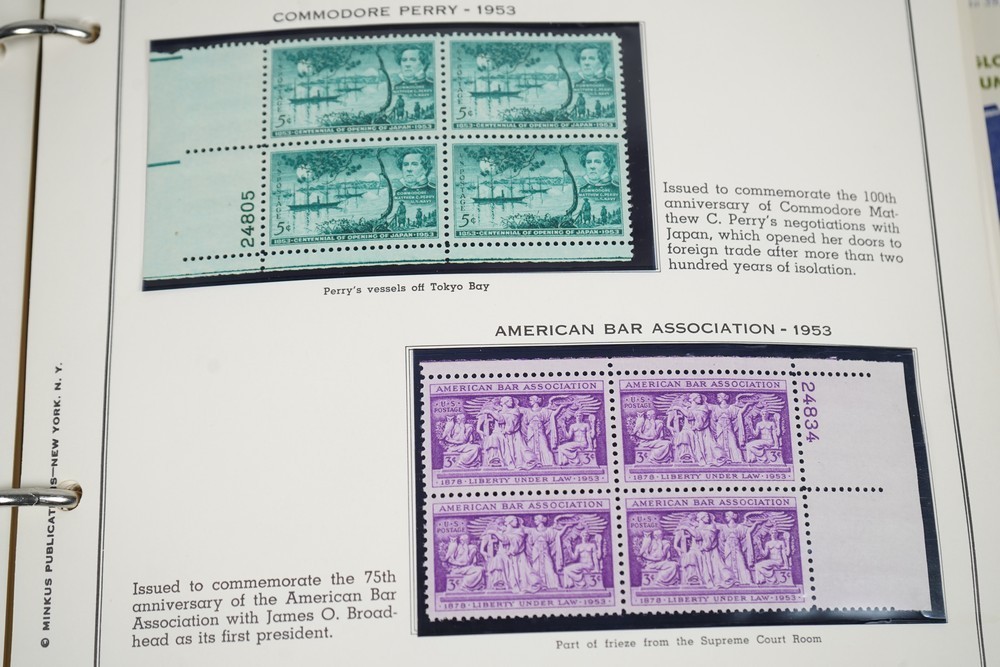 US 1950s-1960s COLLECTION OF 240 MINT PLATE BLOCKS STORED IN MINKUS ALBUM