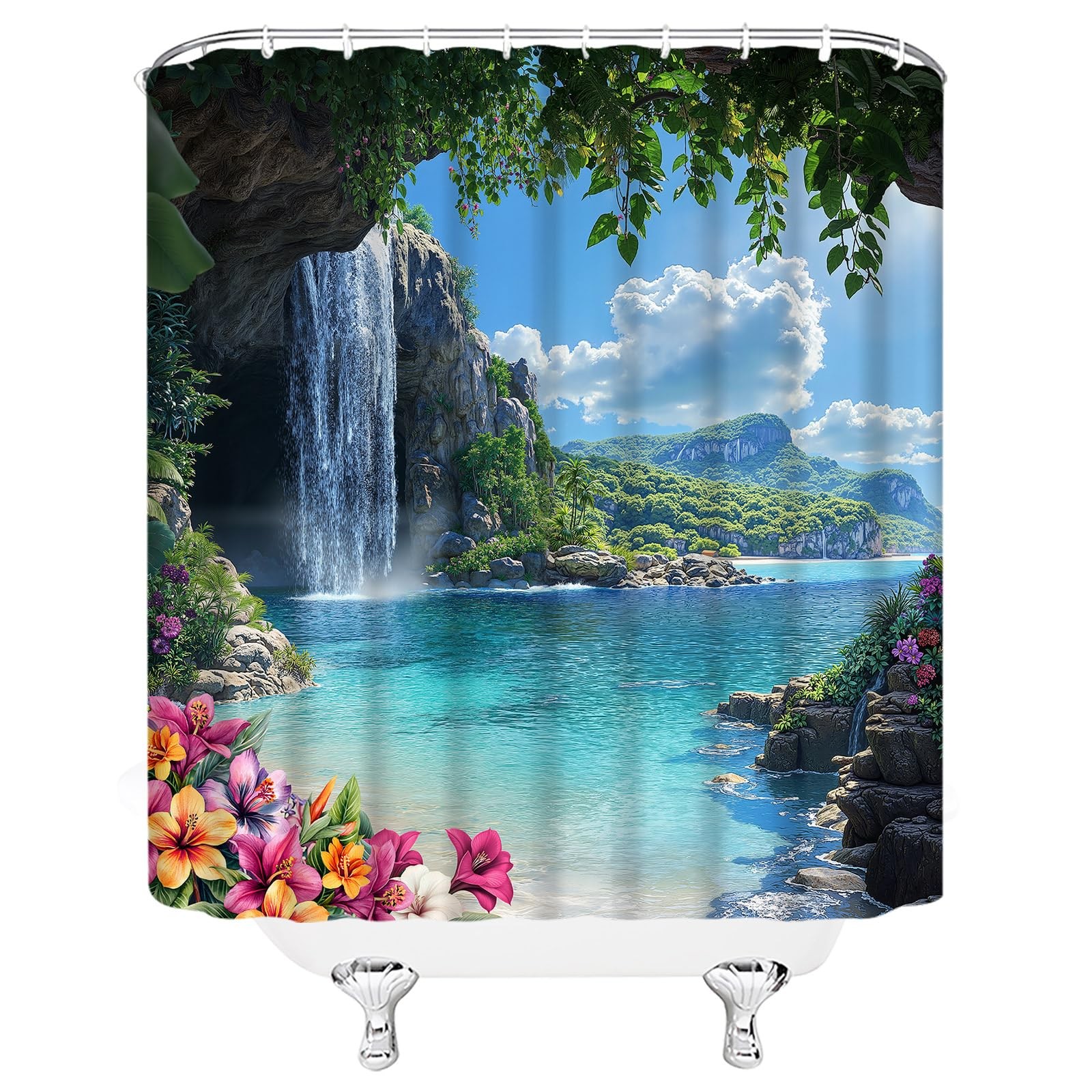 Tropical Ocean Shower Curtain Blue Sea Leaves Floral Hawaii Nature 1 PCS