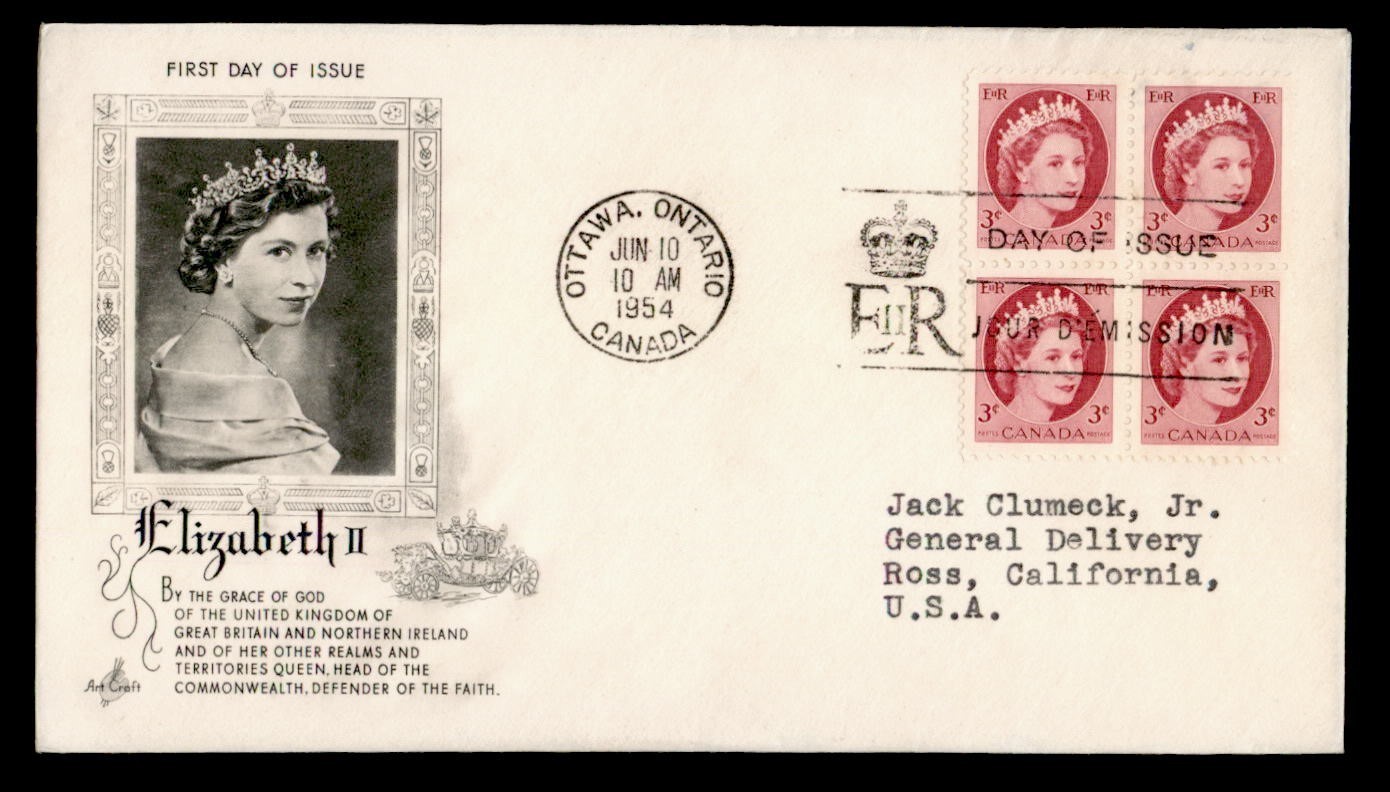 DR WHO 1954 CANADA FDC QEII CORONATION ARTCRAFT CACHET BLOCK M69194