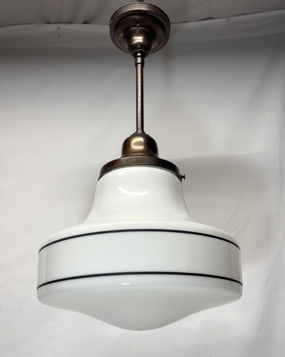Schoolhouse Ceiling Light Fixture Vtg Art Glass Shade Black Stripes USA #L43
