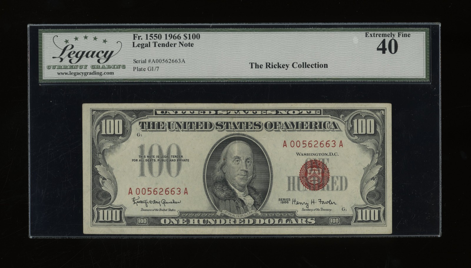 DBR 1966 $100 Legal Fr. 1550 Legacy XF-40 Serial A00562663A