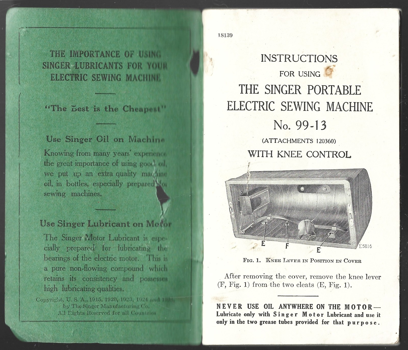 Singer Sewing Machine Model 99-13 w/ Knee Control Orig 1925 Manual Instructions