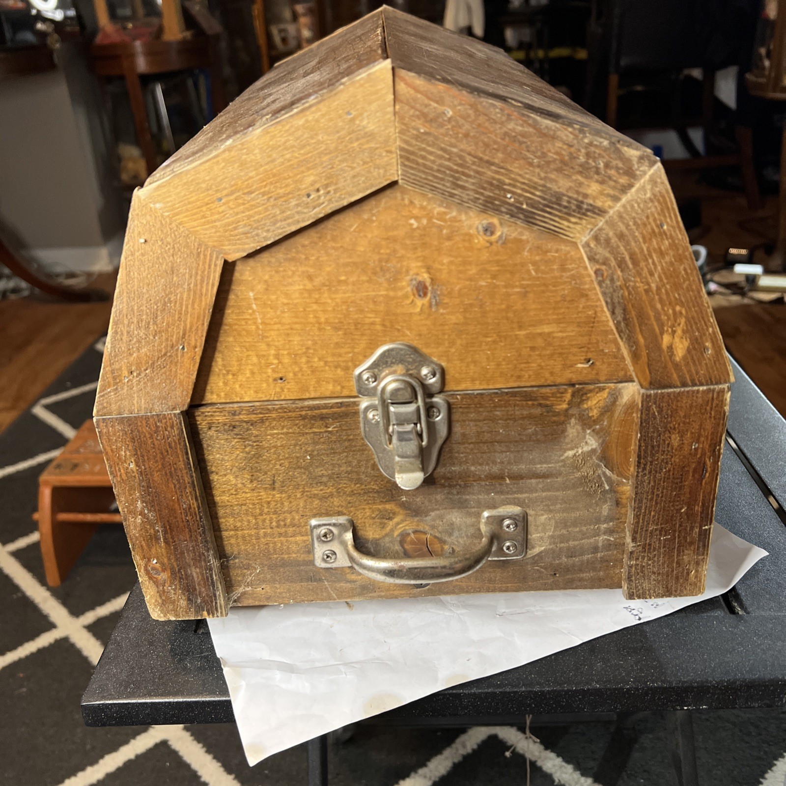 VINTAGE TOOLBOX HAND-MADE WOOD HEXAGON SHAPE LOCK BOX WITH DOUBLE LOCKS +HANDLES