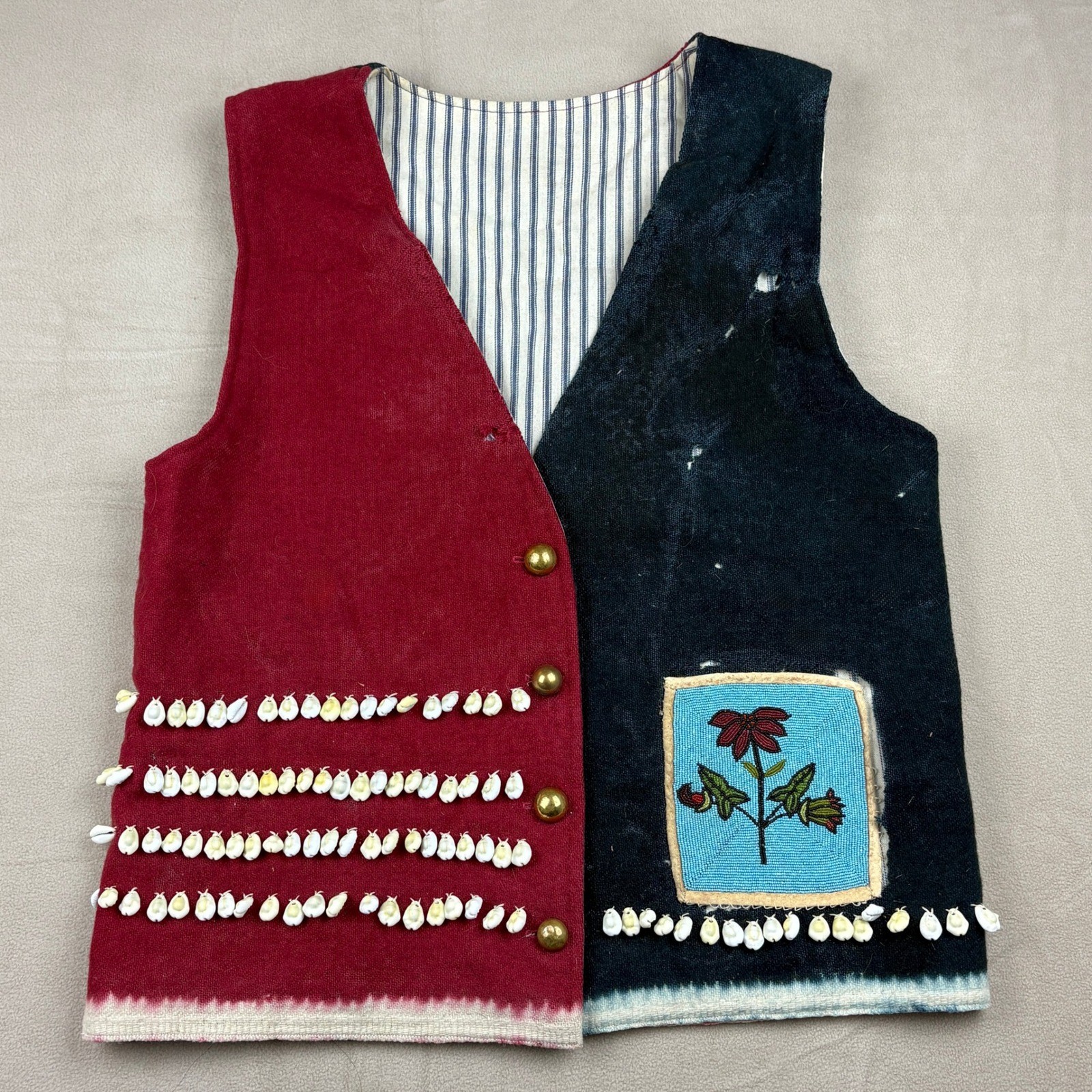 Antique Native American Wool Vest w Old Beaded Detail Cloth Lining Conch Shells