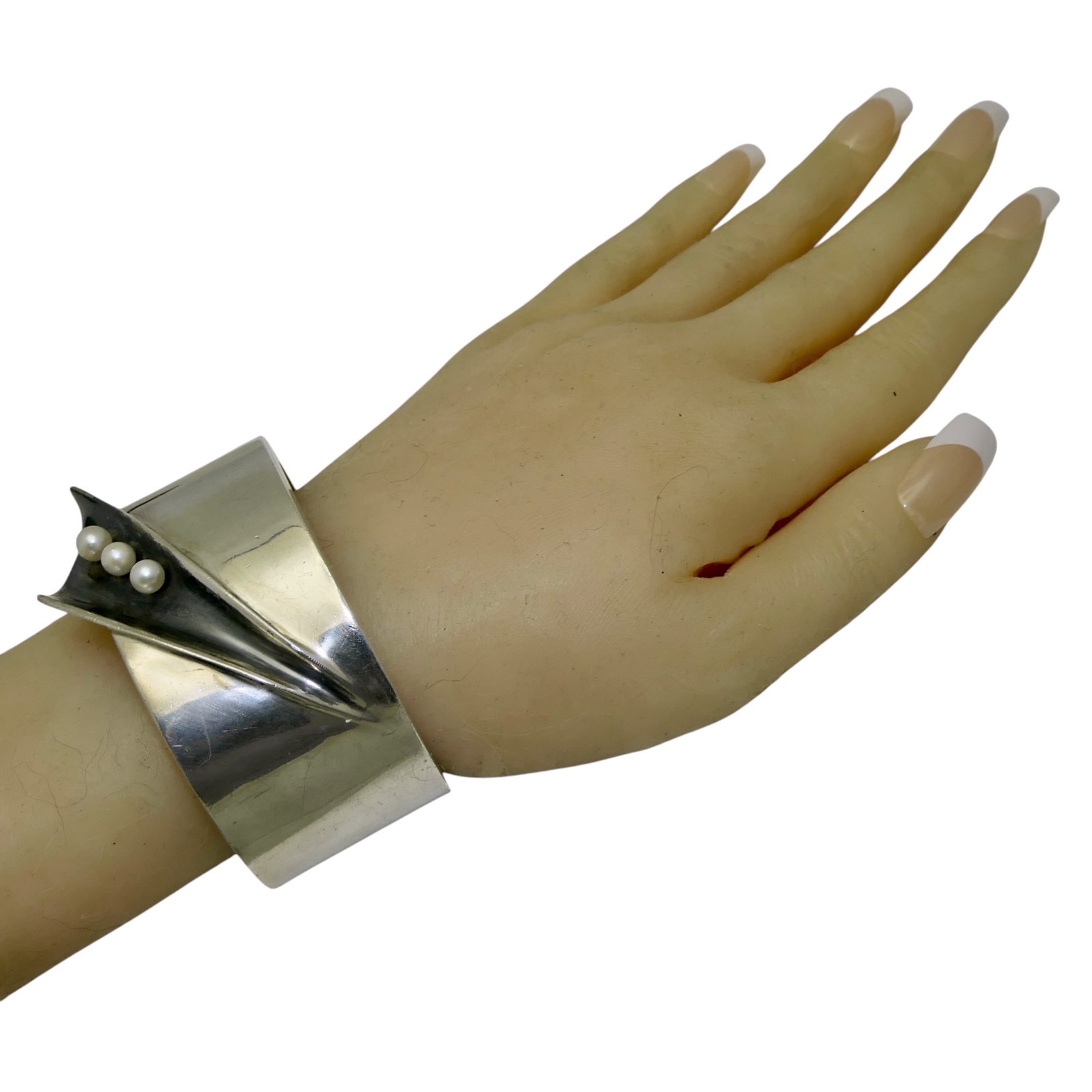 Antonio Pineda Sterling Silver & Pearl Taxco Mexican Cuff Bracelet 111Gr