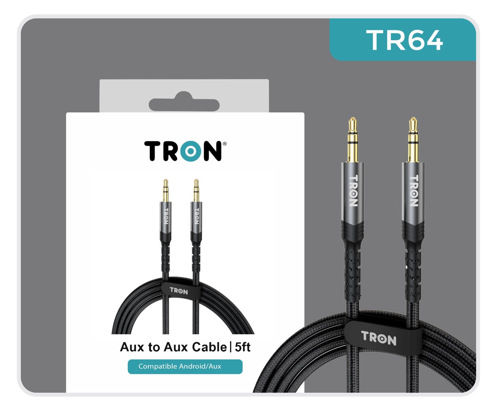 TRON Braided AUX Audio Cable (USB-C, L & Aux) – 5FT, Black