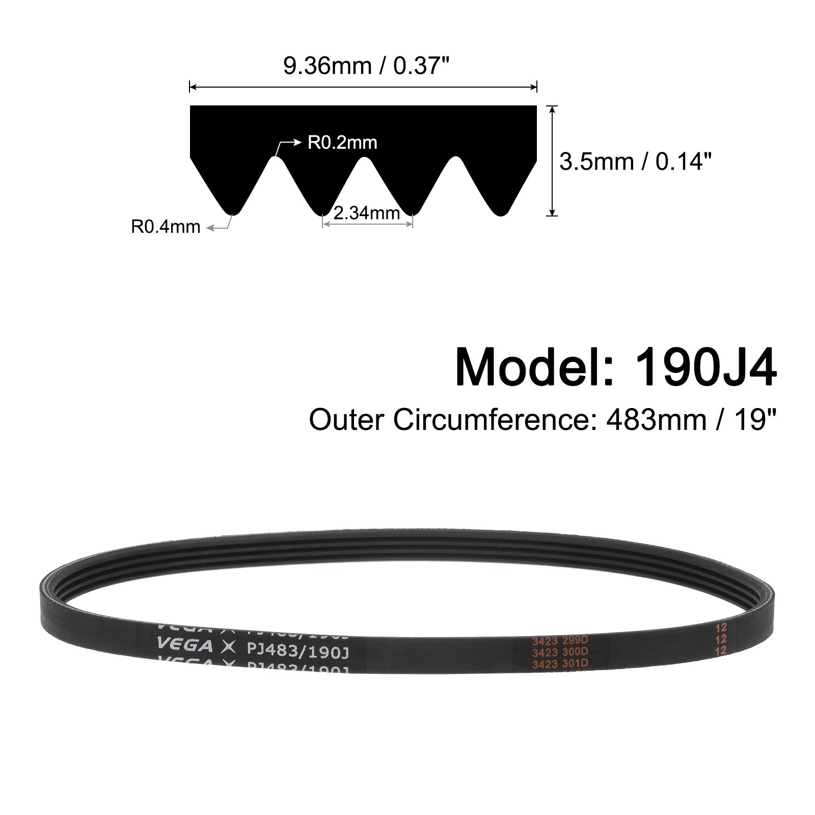 190J4 PJ V-Ribbed Belt 4 Ribs 19" Length x 0.37" Width x 0.14" Height