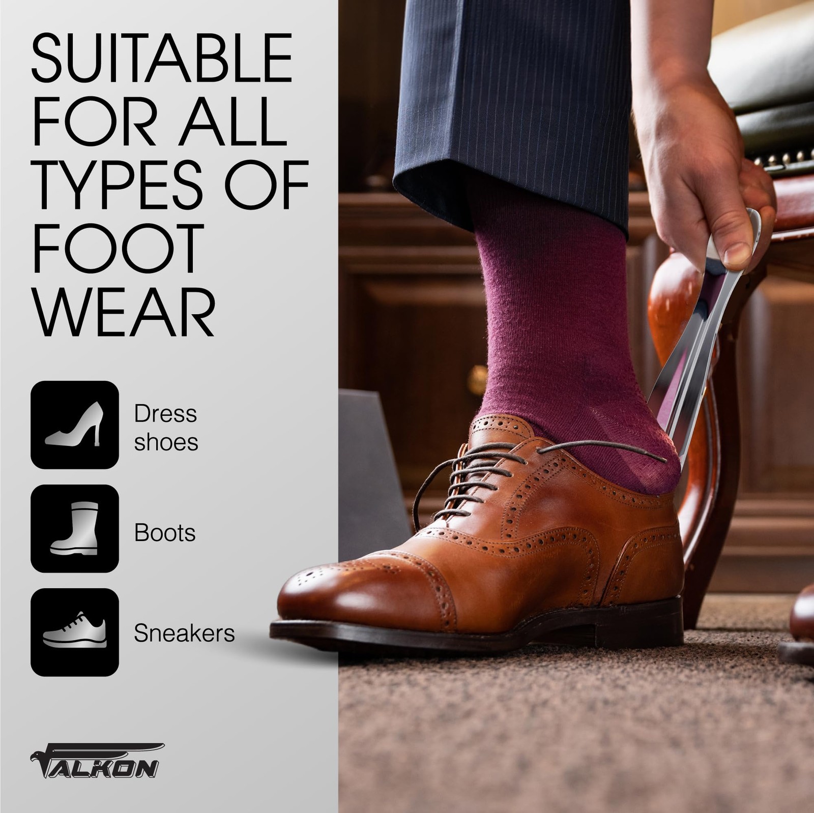 FALKON Set of 6 Metal 7.5” Shoe Horns – for 7.5" and 4", Silver