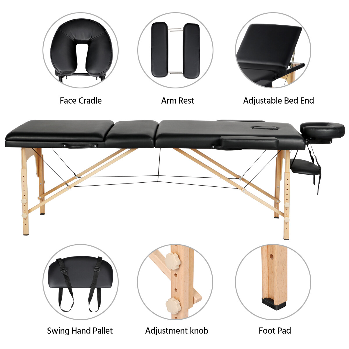 Portable Massage Table Height Adjustable Salon Spa Bed Lashing Table 3 Folding