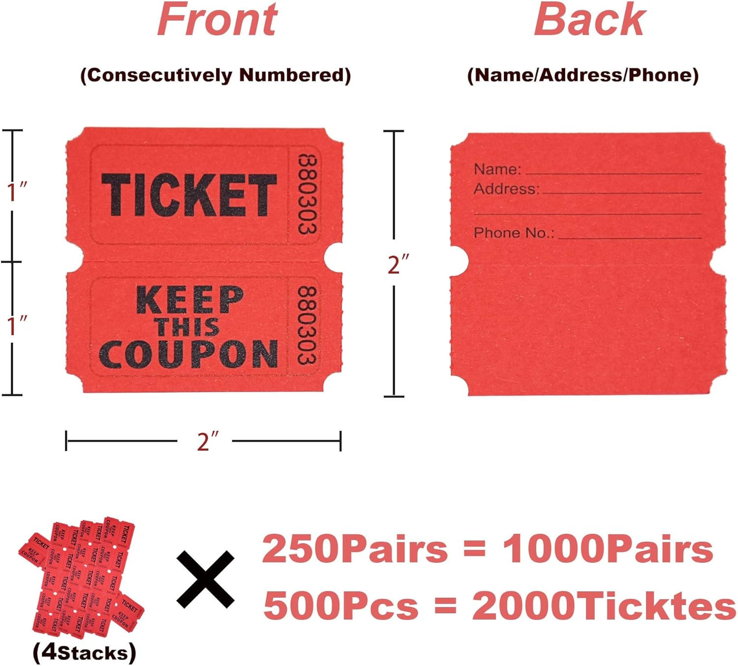 2000 Pcs 1000 Pairs Raffle Tickets, 50/50 Double Raffle Tickets, 250 Double Tick