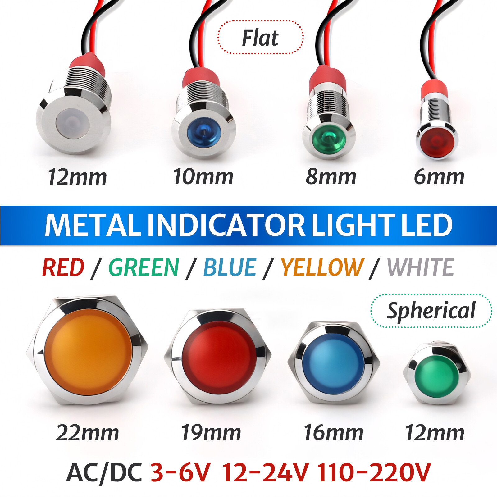 Metal Indicator Light LED Waterproof Small Line Power Signal Light AC/DC 3V-220V