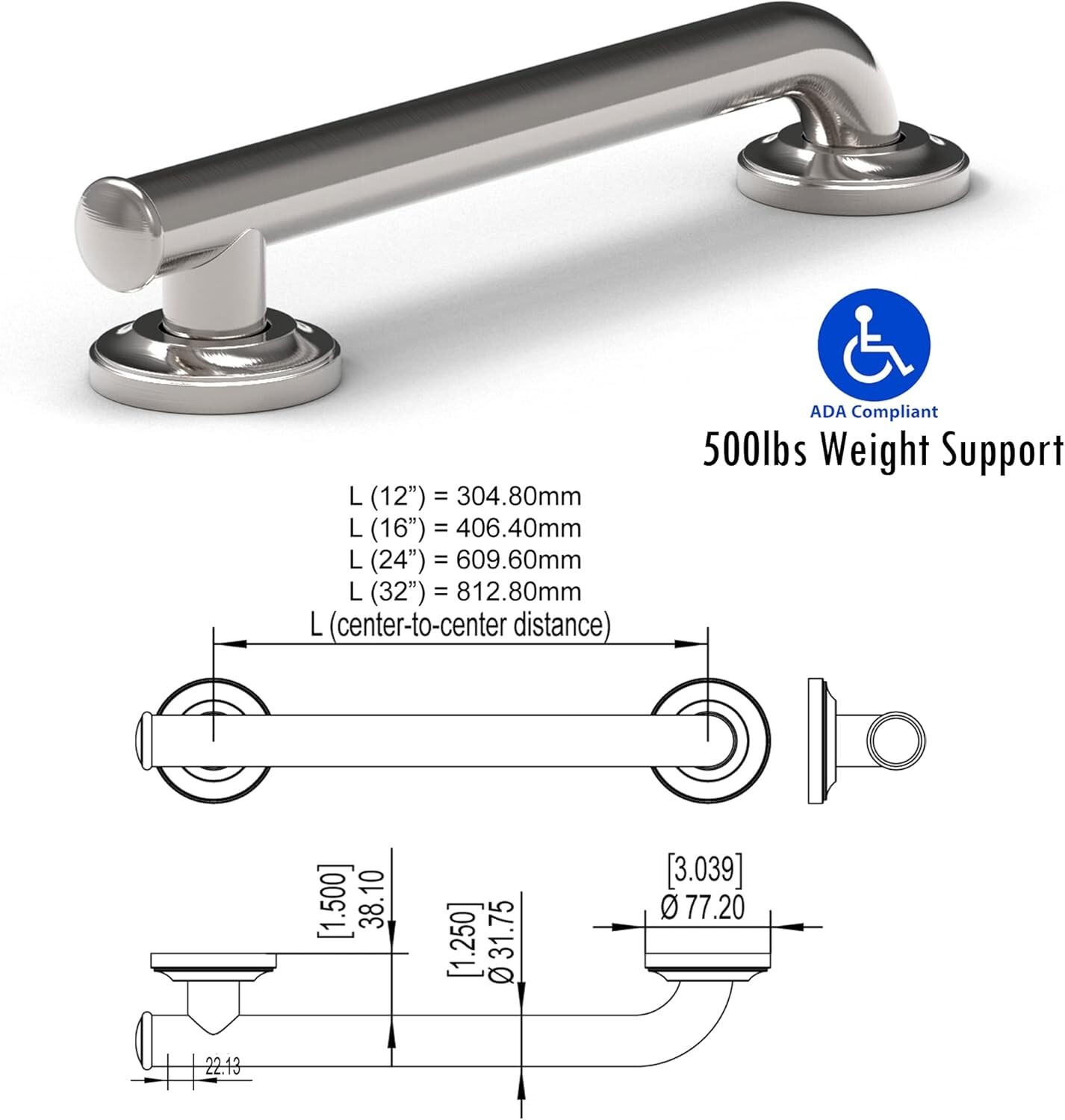 1-1/4 x 12/16/24/32inch ADA Stainless Steel Bath Safety Grab Bar for Shower