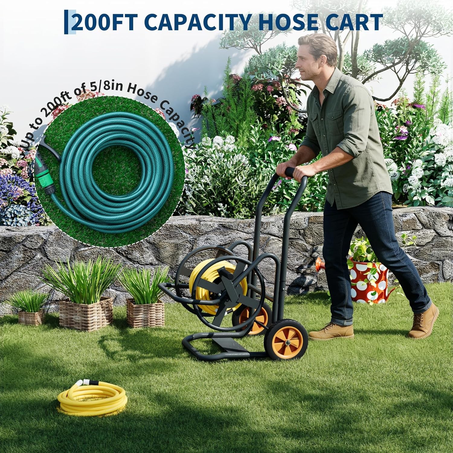 Heavy Duty Metal Garden Hose Reel Cart with Wheels Holds 200/300FT 5/8" Hose