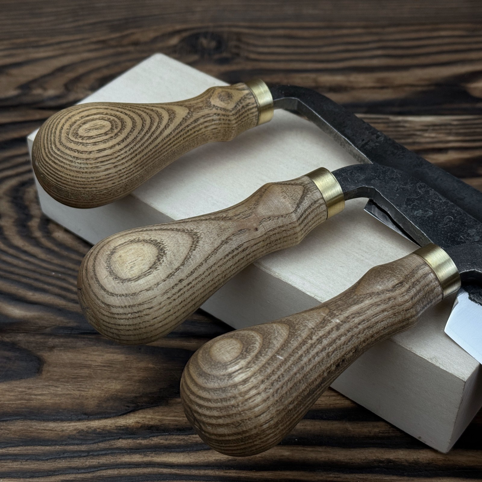 Straight Drawknife Hand-Forged 3-piece Set Ash Handles Steel Blades Gift.