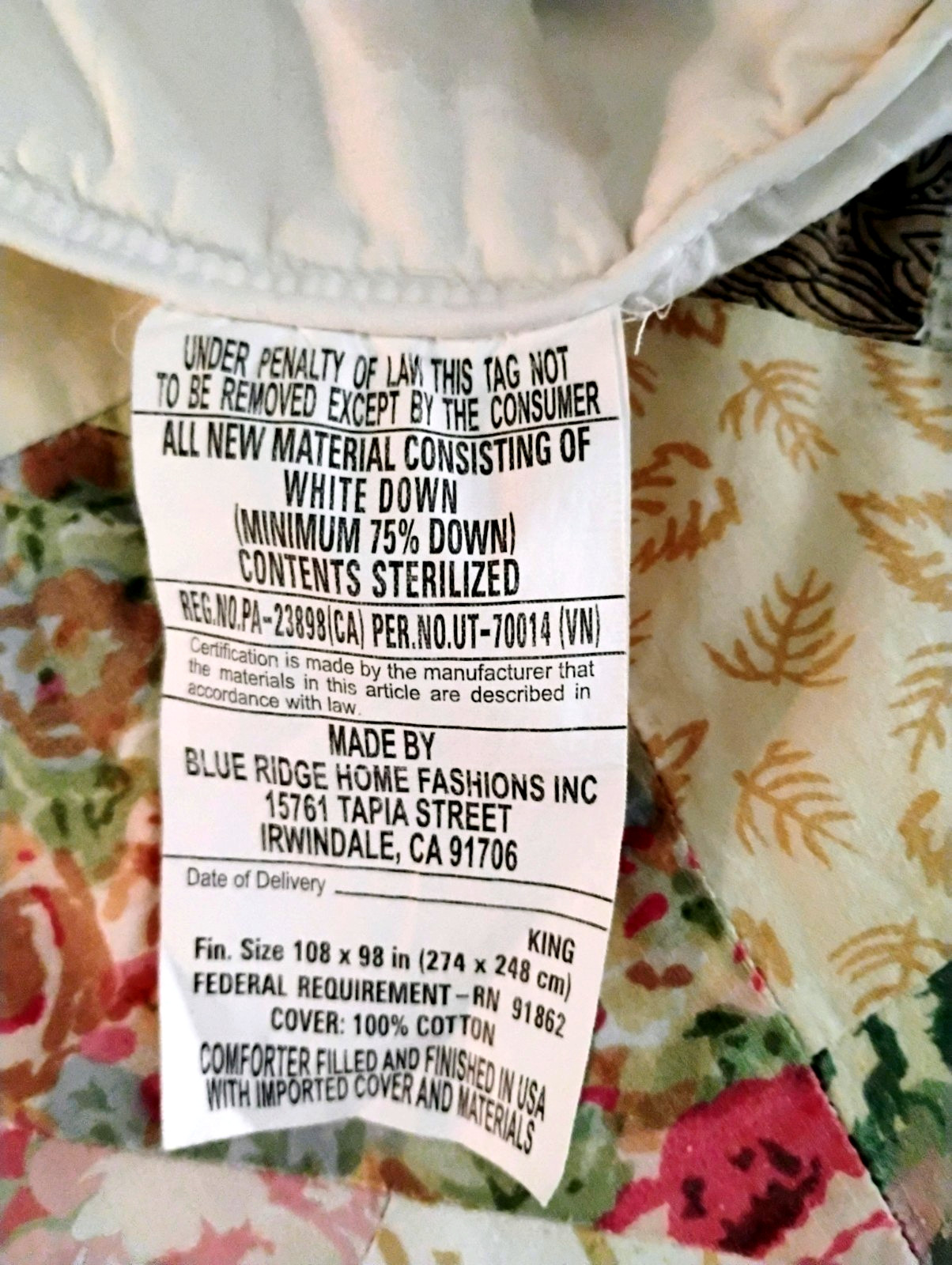 Blue Ridge Hotel Grand Down Duvet Insert King size Cotton White 88" x 104" USA