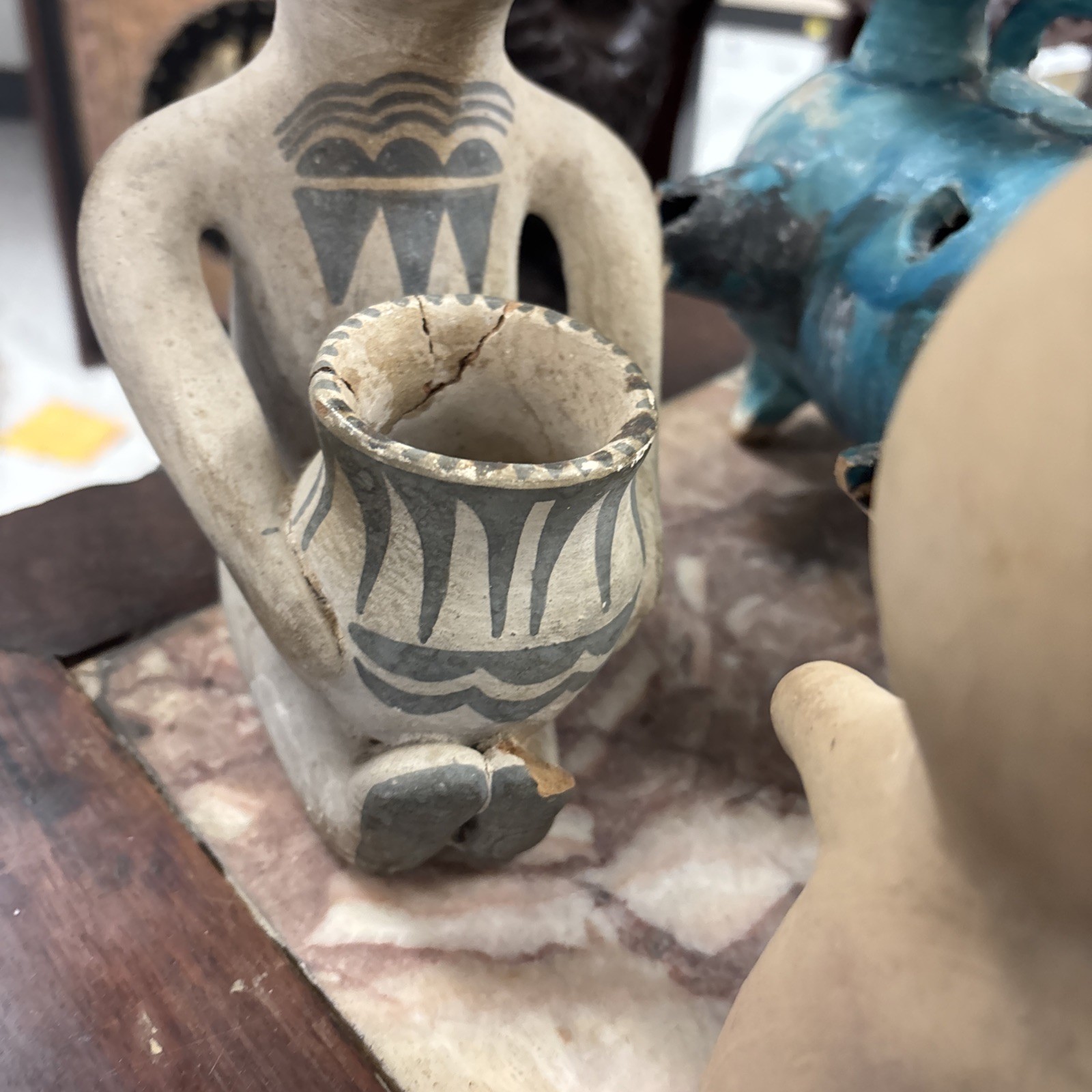 Late 1800s - Very Early 1900s Tesuque Pueblo Pottery Rain God 2 Pieces