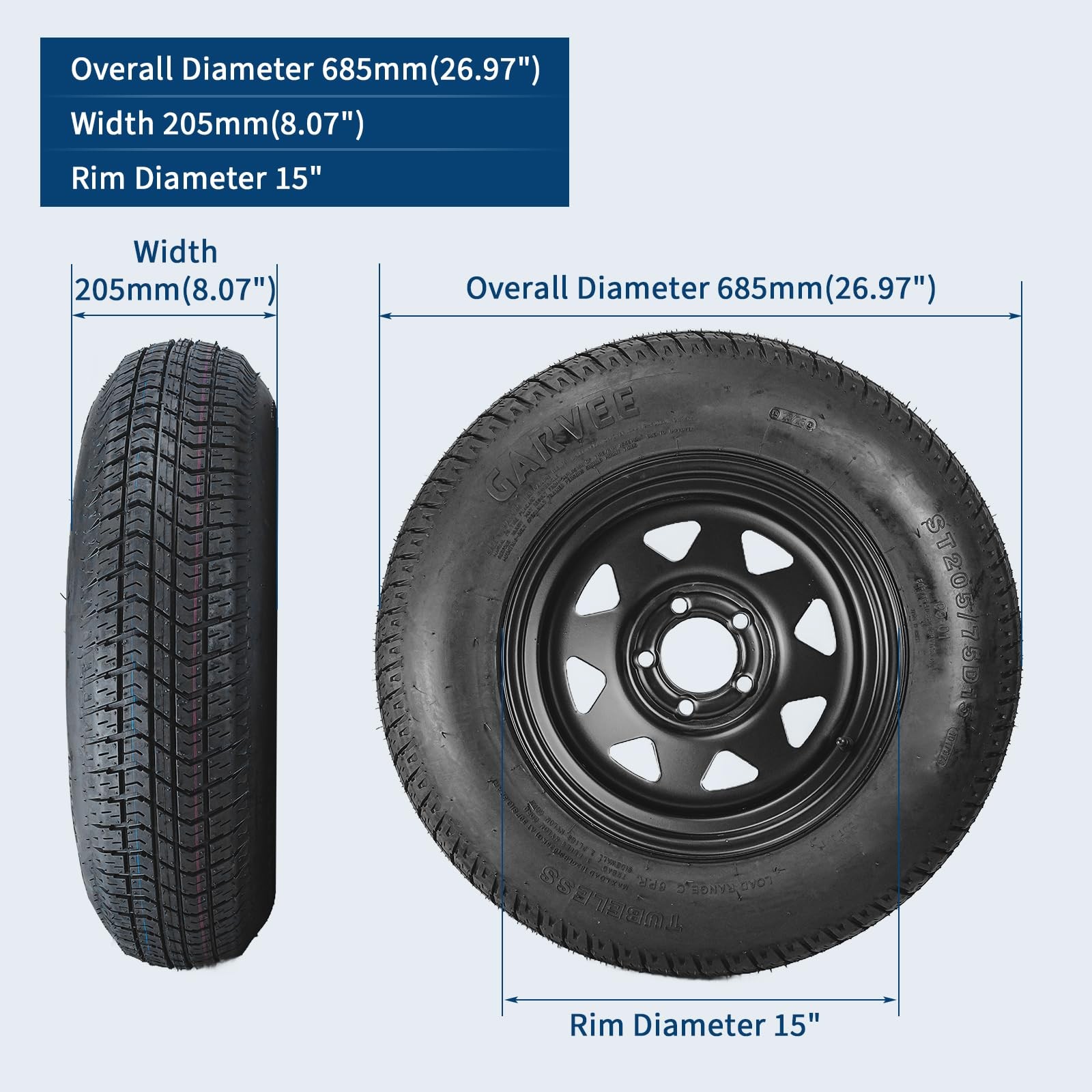 2 pcs ST205/75D15 Trailer Tires and Wheels W/15" Rims 5 Lug on 4.5" Load Range C