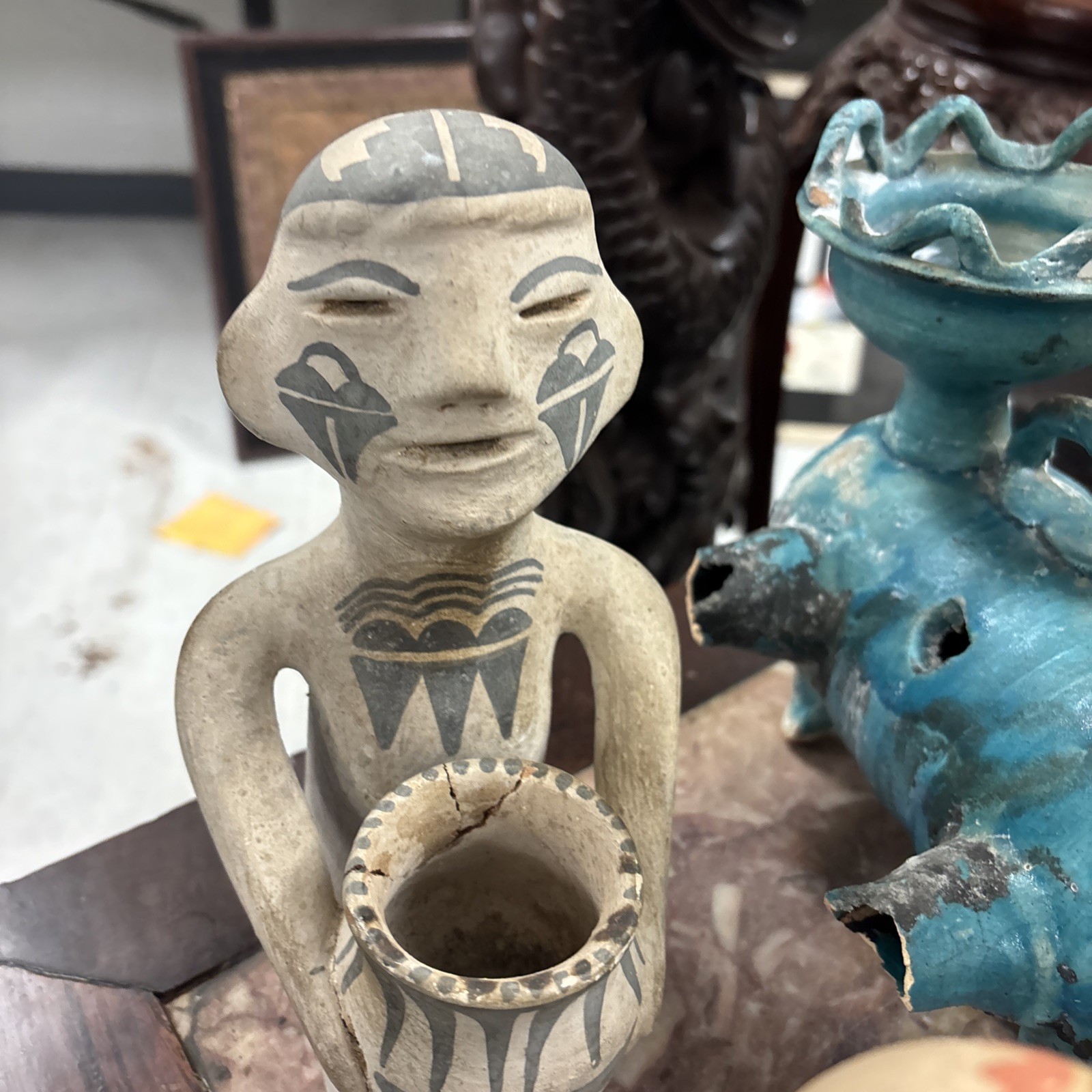 Late 1800s - Very Early 1900s Tesuque Pueblo Pottery Rain God 2 Pieces