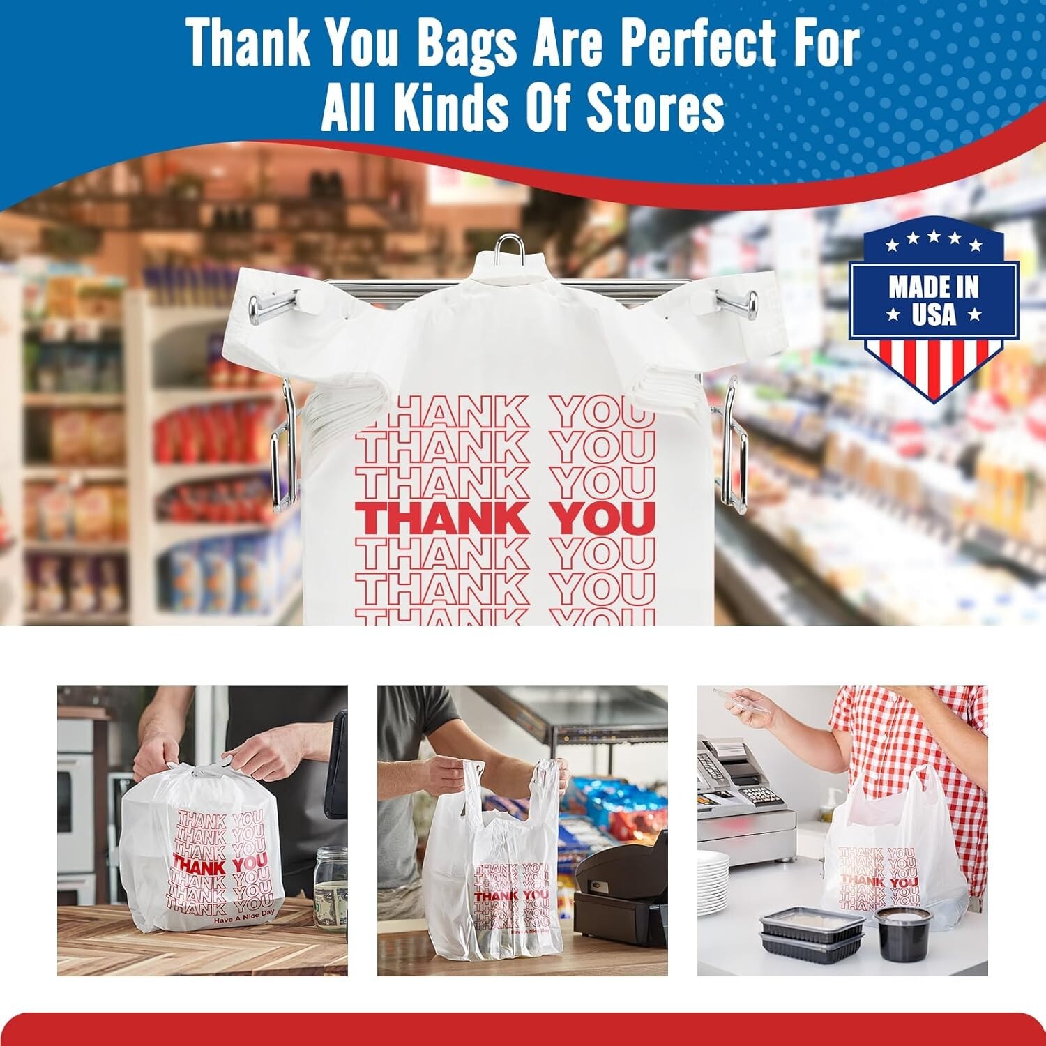 1000 Thank You T-Shirt Bags 12" x 6.5" x 21", Plastic Grocery Shopping Bags