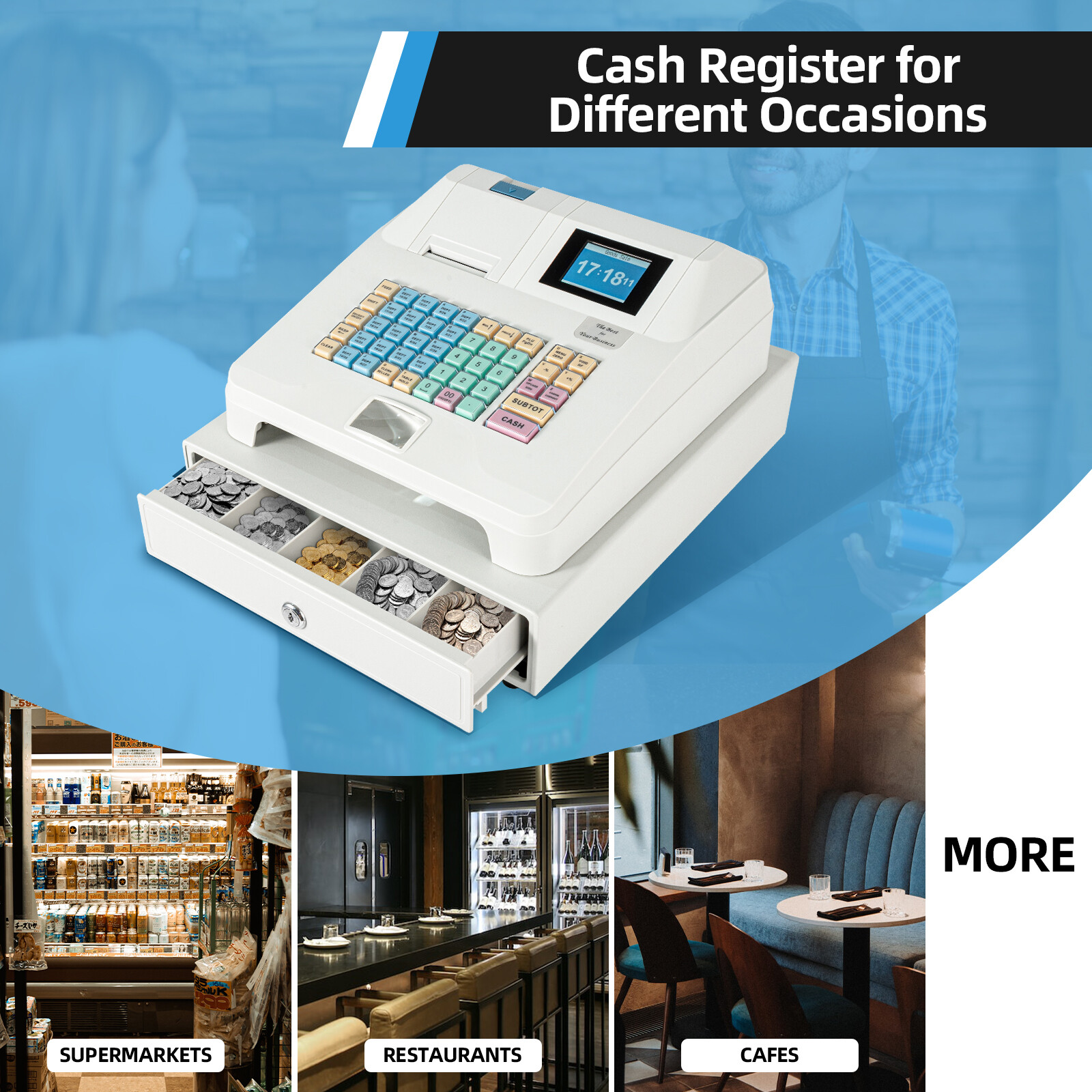 Electronic Cash Register 48Key POS Casher Digital LED Display with Drawer Retail