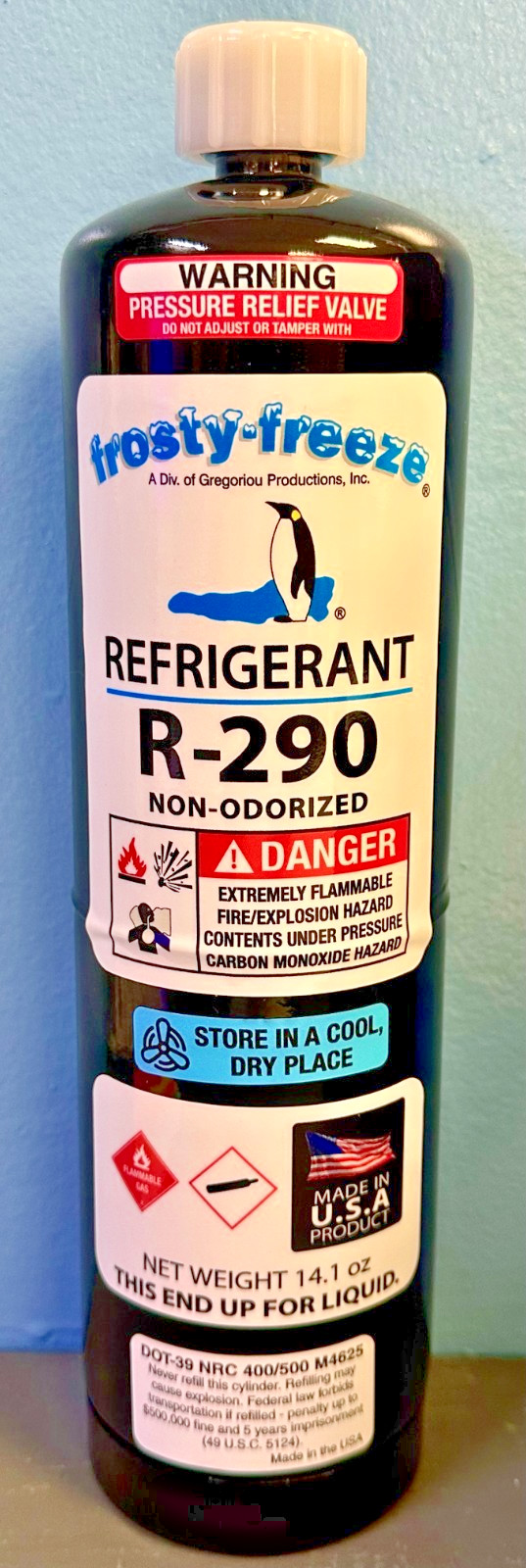 R–290, R290, "LARGE" 14.1 oz. Cylinder, Modern Industrial Grade Refrigerant