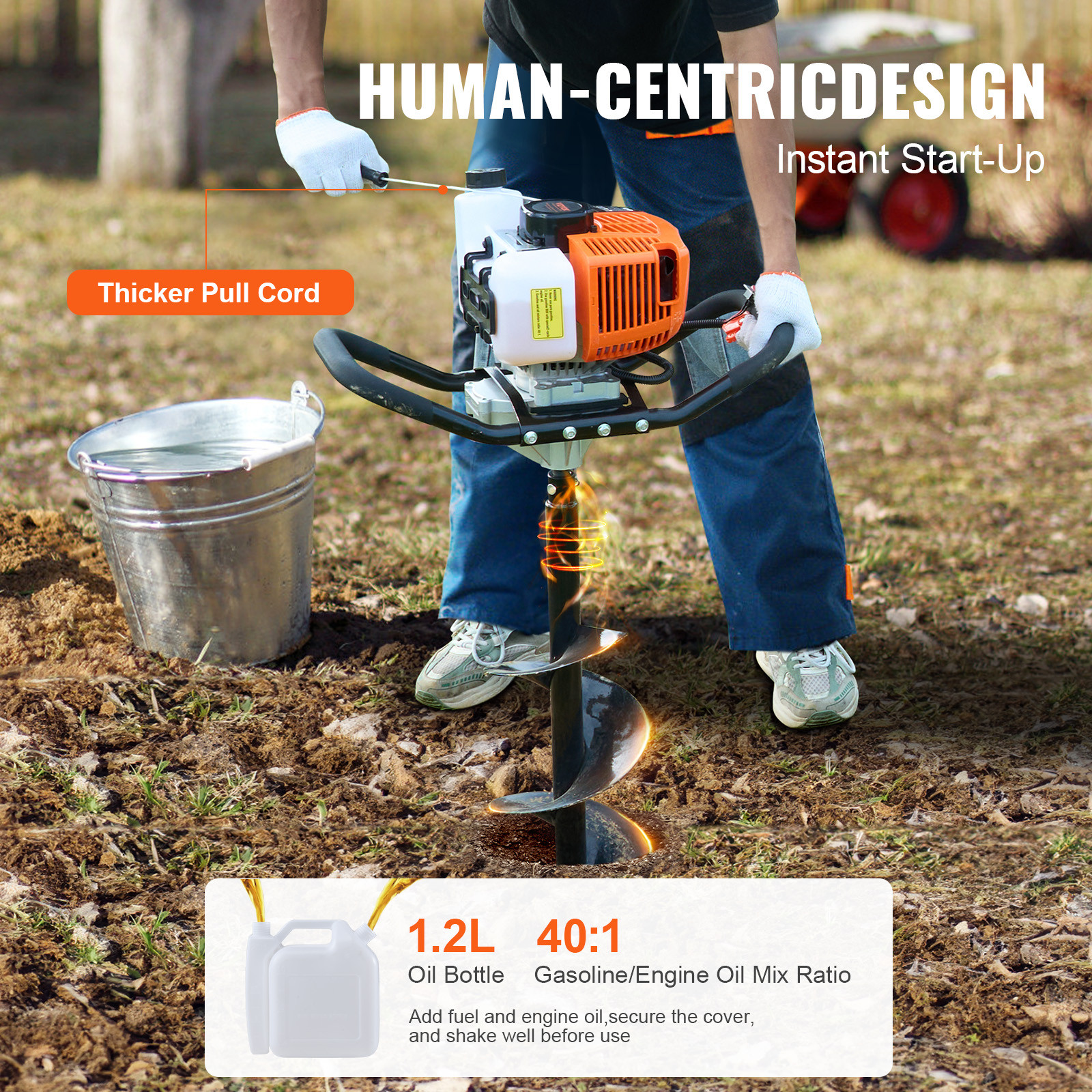 VEVOR 63CC 2400W Gas Post Hole Digger with 8-Inch Drill Bits